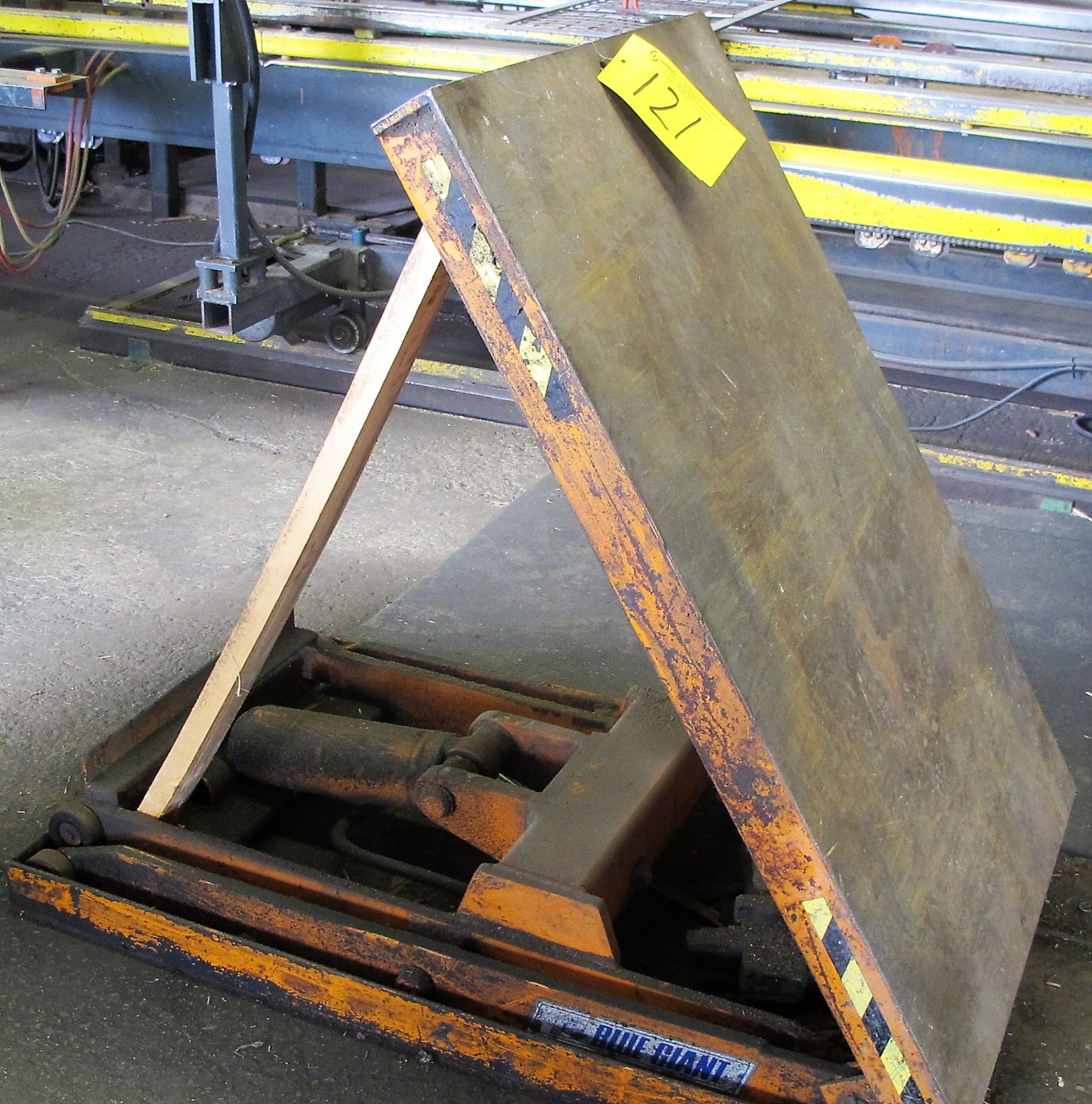 7 BLUE GIANT SCISSOR LIFT TABLES W/1 POWER PACK AND 7 8' ROLLER FRAMES