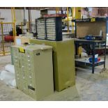 LOT OF ASST. WORKBENCHES, METAL STORAGE CABINETS W/ CONTENTS, CUTTERS, PORTABLE LIGHT, ETC.