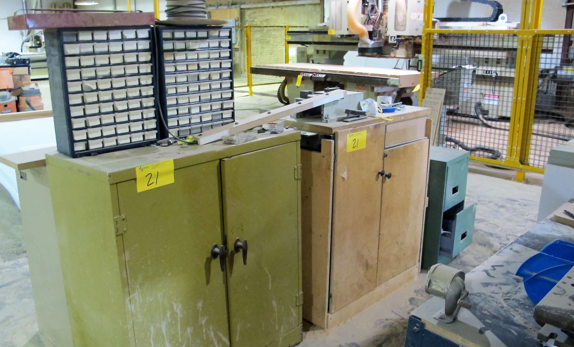 LOT OF ASST. WORKBENCHES, METAL STORAGE CABINETS W/ CONTENTS, CUTTERS, PORTABLE LIGHT, ETC. - Image 2 of 9