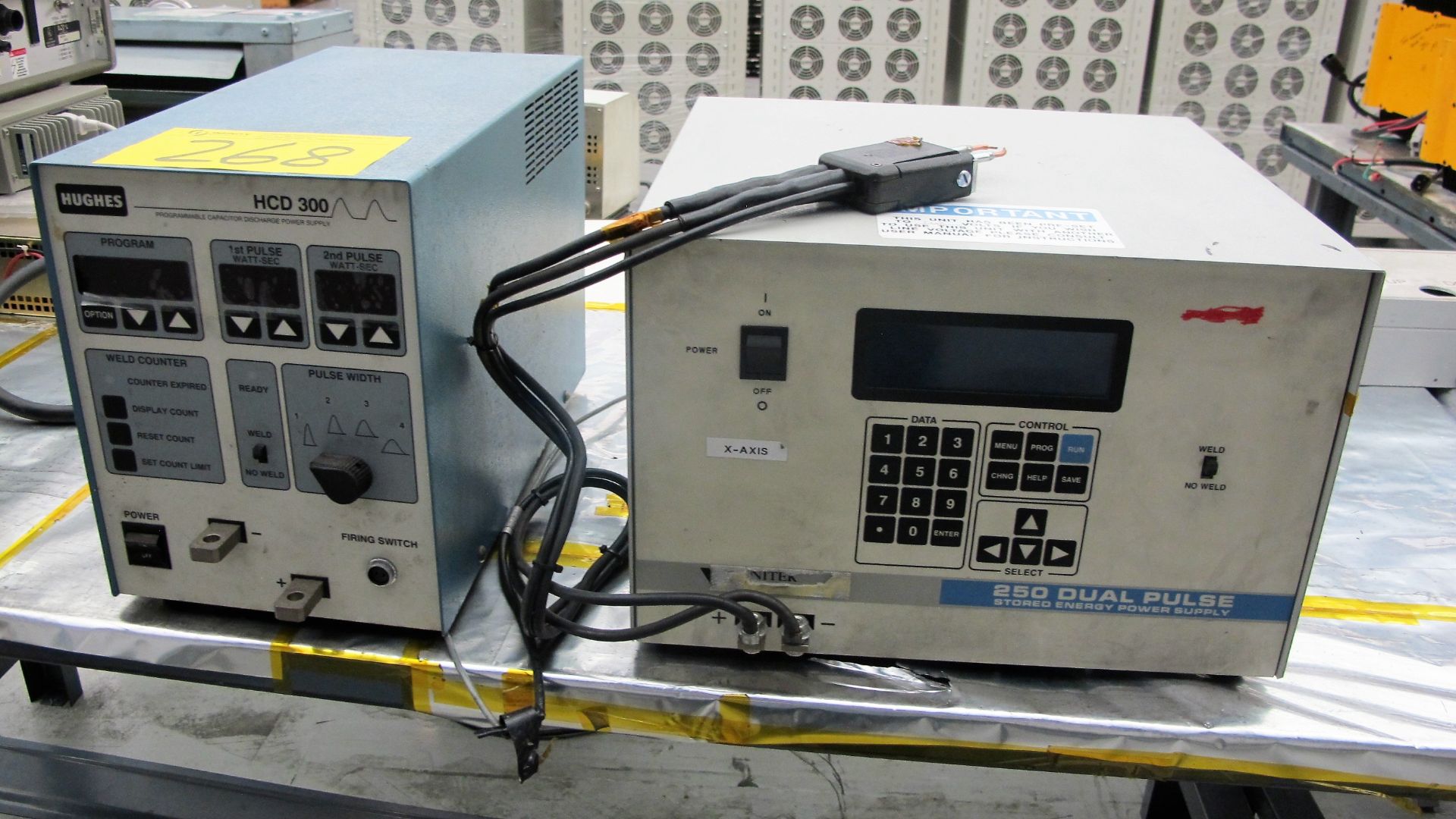 HUGHES HCD300 SPOT WELDER W/UNITEK 250 DUAL PULSE POWER SUPPLY