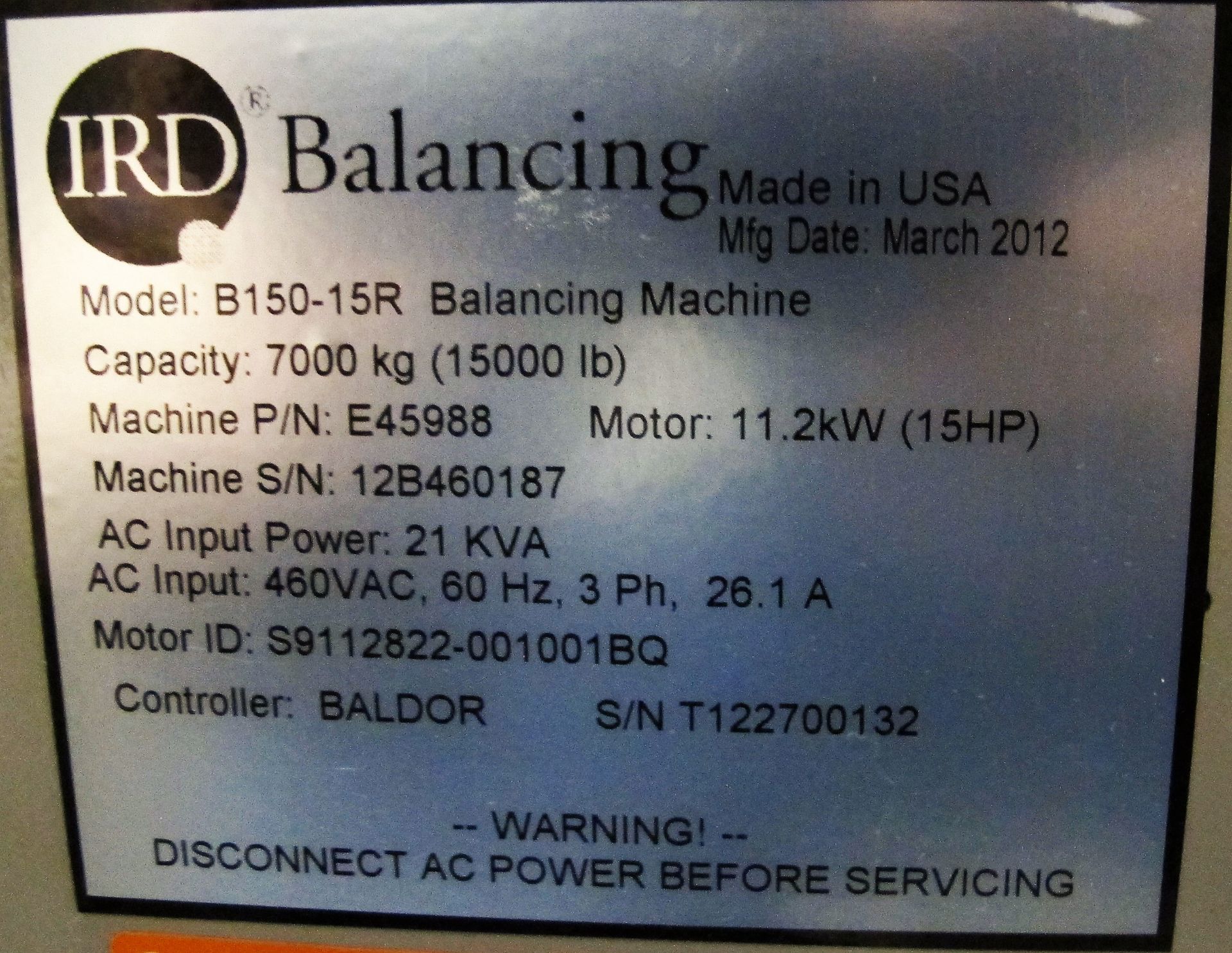 IRD BALANCING B150-15R DYNAMIC HORIZONTAL AXIS SOFT BEARING BALANCING MACHINE (INCL CONTROL BOX, - Image 5 of 6