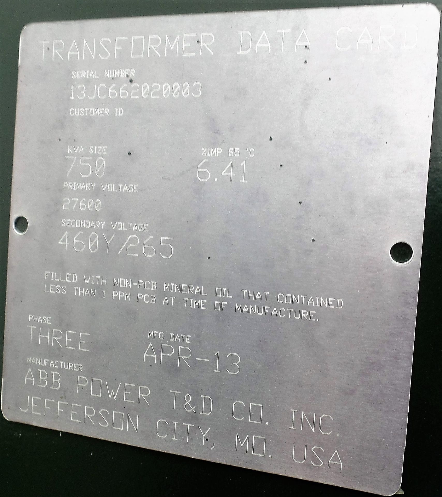 2013 ABB POWER 750KVA OUTDOOR TRANSFORMER, 27,600 PRIMARY, 460Y/265 SECONDARY, S/N 13JC662020003 ( - Image 2 of 2