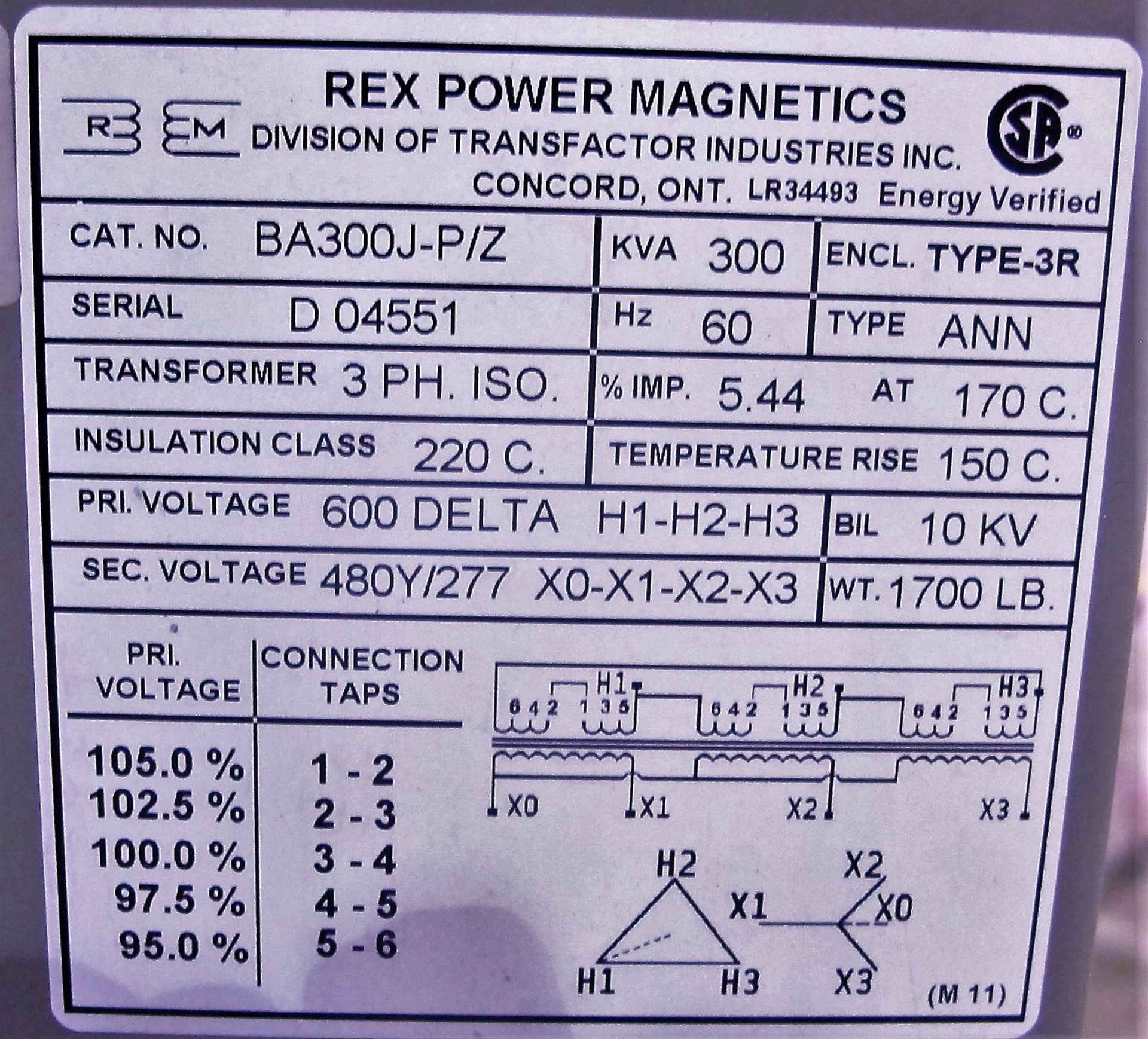 REX GREEN STAR 300 KVA TRANSFORMER, 3 PHASE - Image 2 of 2