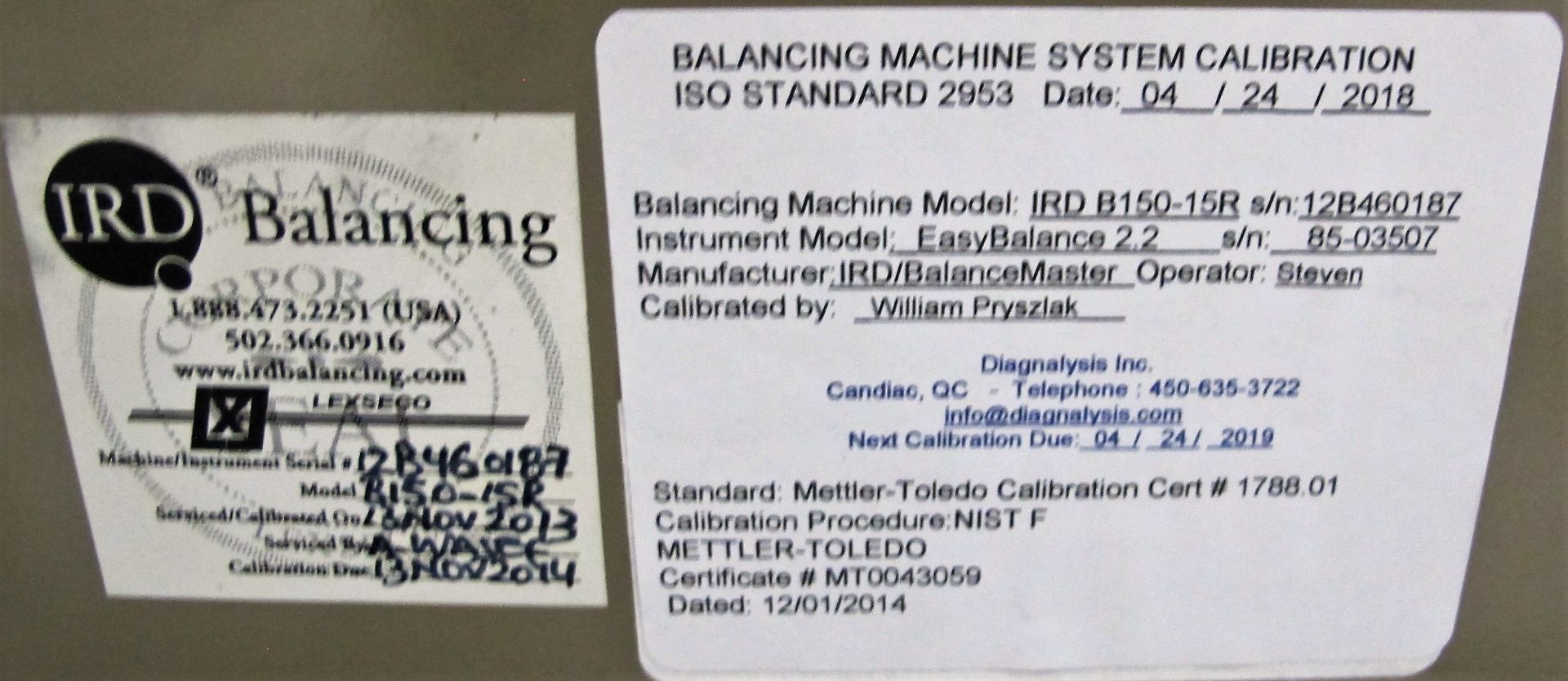 IRD BALANCING B150-15R DYNAMIC HORIZONTAL AXIS SOFT BEARING BALANCING MACHINE (INCL CONTROL BOX, - Image 6 of 6