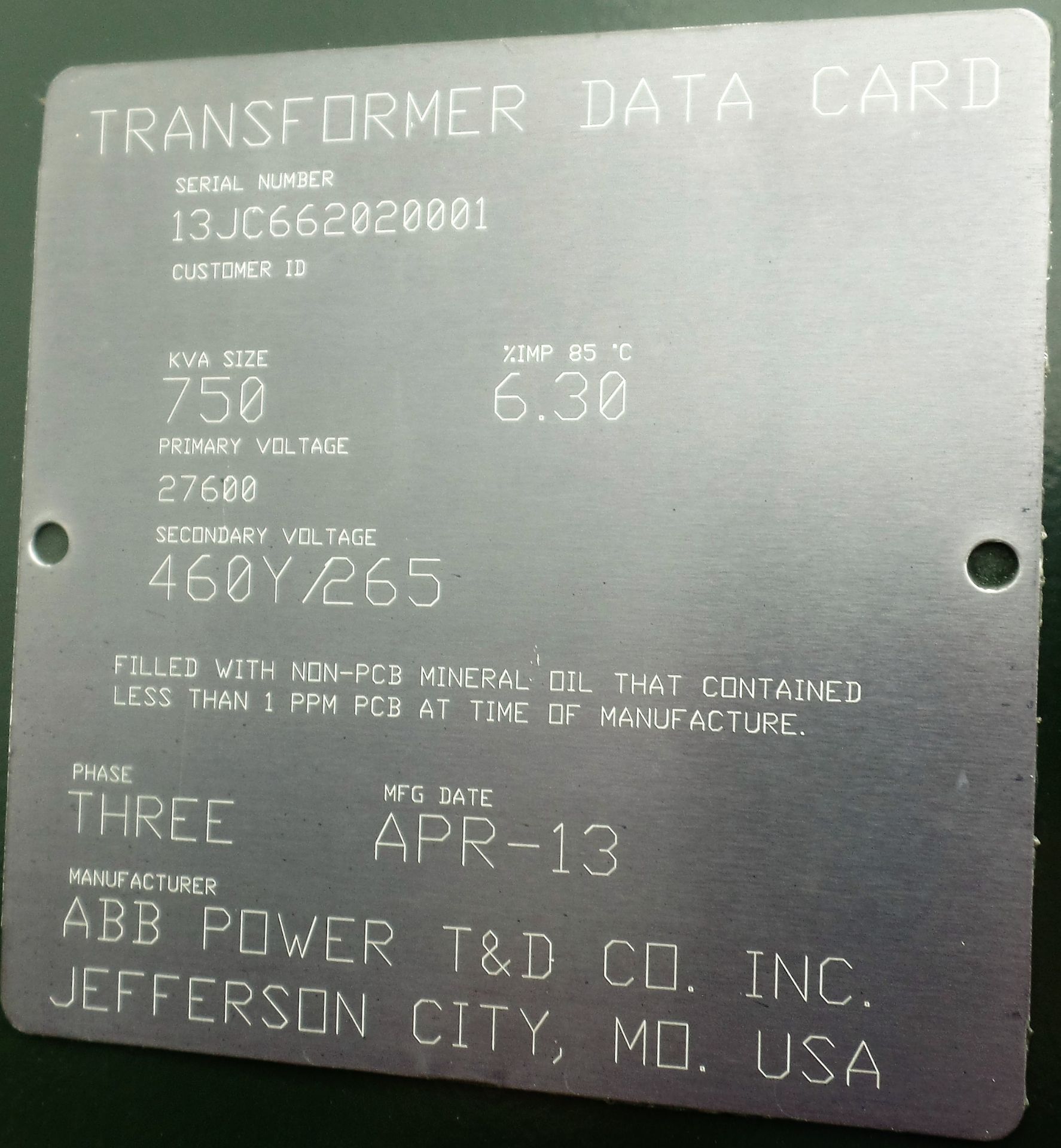 2013 ABB POWER 750KVA OUTDOOR TRANSFORMER, 27,600 PRIMARY, 460Y/265 SECONDARY, S/N 13JC662020001 ( - Image 2 of 2