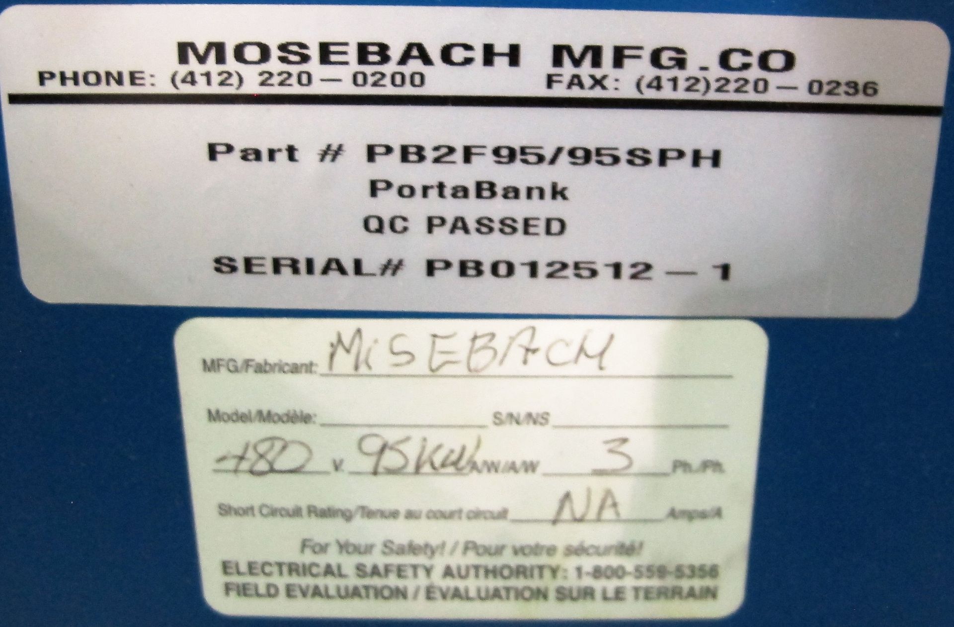 MOSEBACH PORTABANK PB2F95/95SPH CONTROL UNIT, S/N PB012512-1, 480V, 95KW - Image 2 of 2