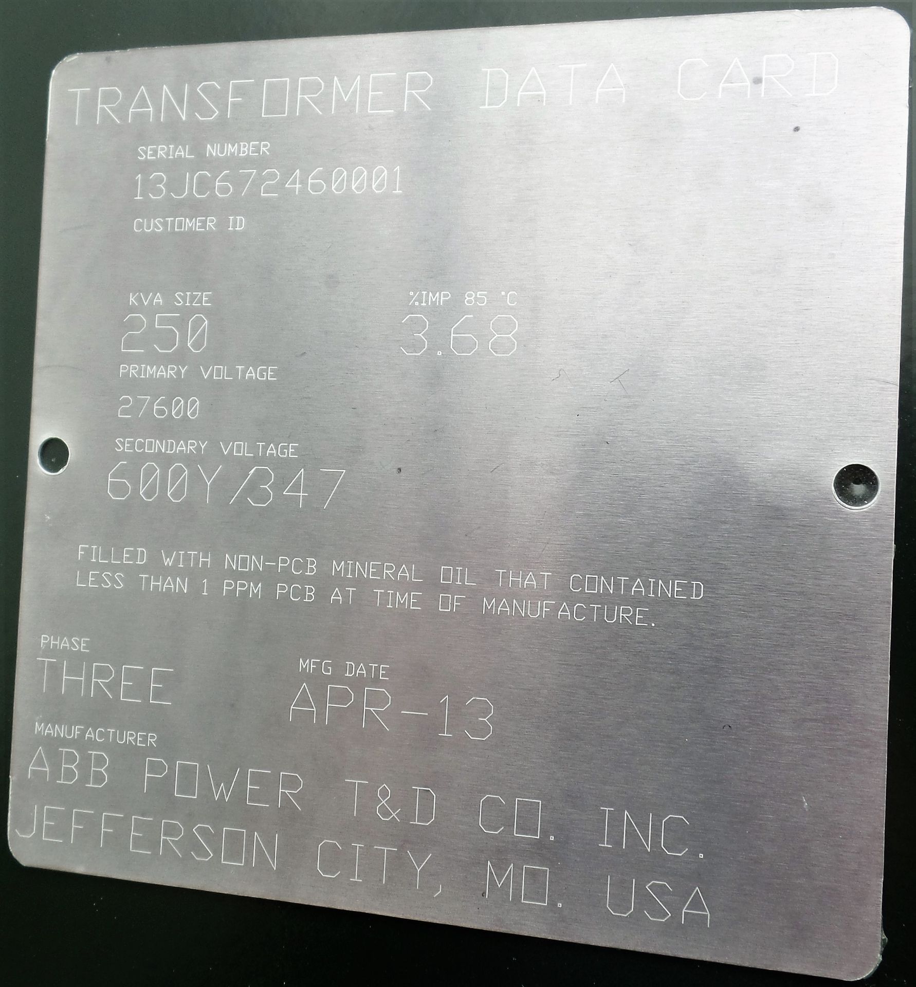 2013 ABB POWER 250KVA OUTDOOR TRANSFORMER, 27,600 PRIMARY, 600Y/347 SECONDARY, S/N 13JC672460001 ( - Image 2 of 2
