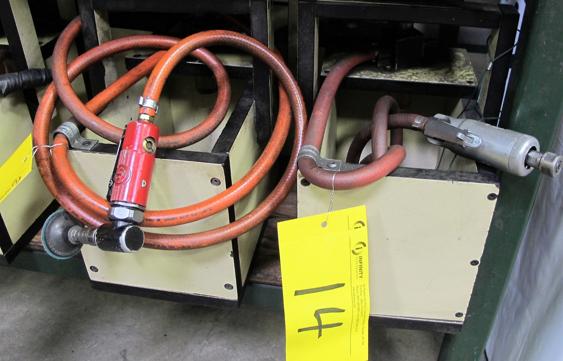 LOT OF (1) INGERSOL RAND AND CP PNEUMATIC TOOLS, HOSES AND (3) HEAVY DUTY WORK BASKETS