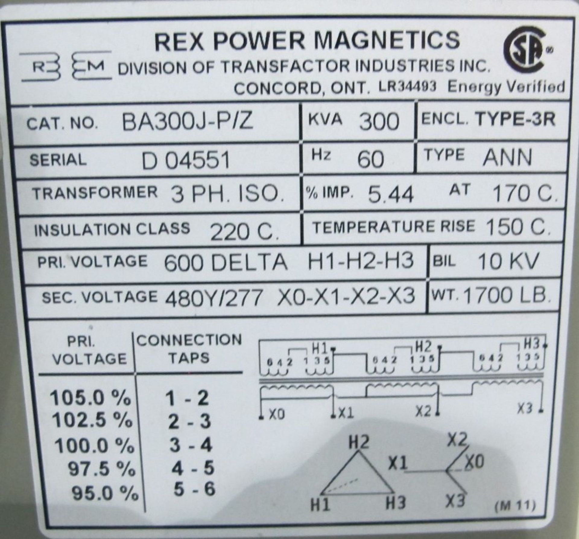REX POWER MAGNETICS 300KVA TRANSFORMER, 600D PRIMARY, 480Y/277 SECONDARY - Image 2 of 2