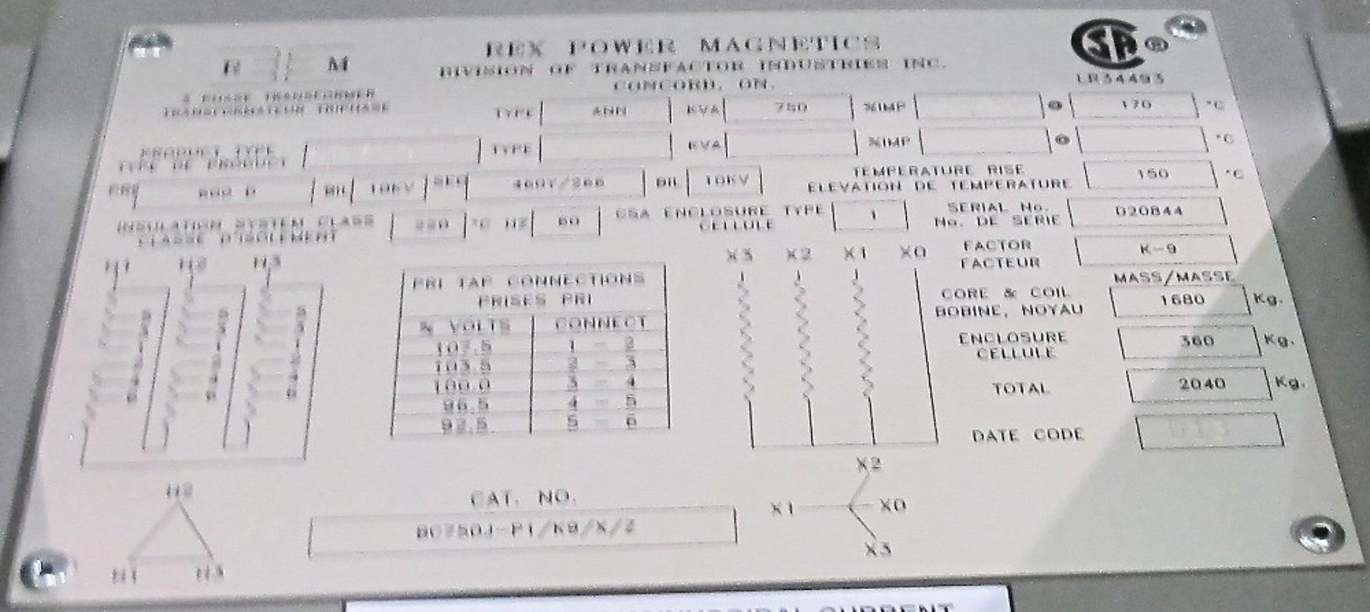 REX POWER MAGNETICS 750KVA TRANSFORMER, 600D PRIMARY, 460Y/266 SECONDARY - Image 2 of 2