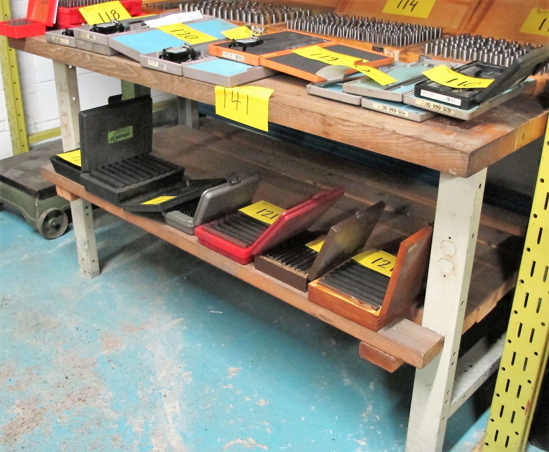 BLOCK WOOD TOP SHOP BENCH, 5'L X 30"D AND 48"L X 24"D WOOD/METAL BENCH (NO CONTENTS)