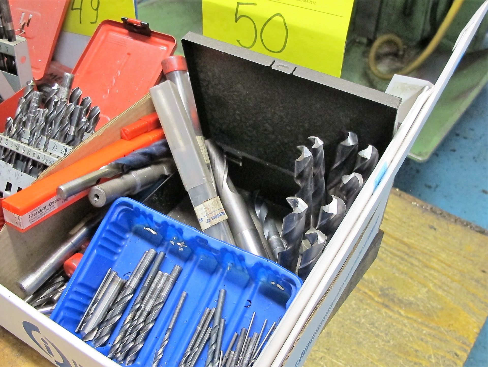 BOX OF DRILL BITS, END MILLS, AND DRILL BIT KIT