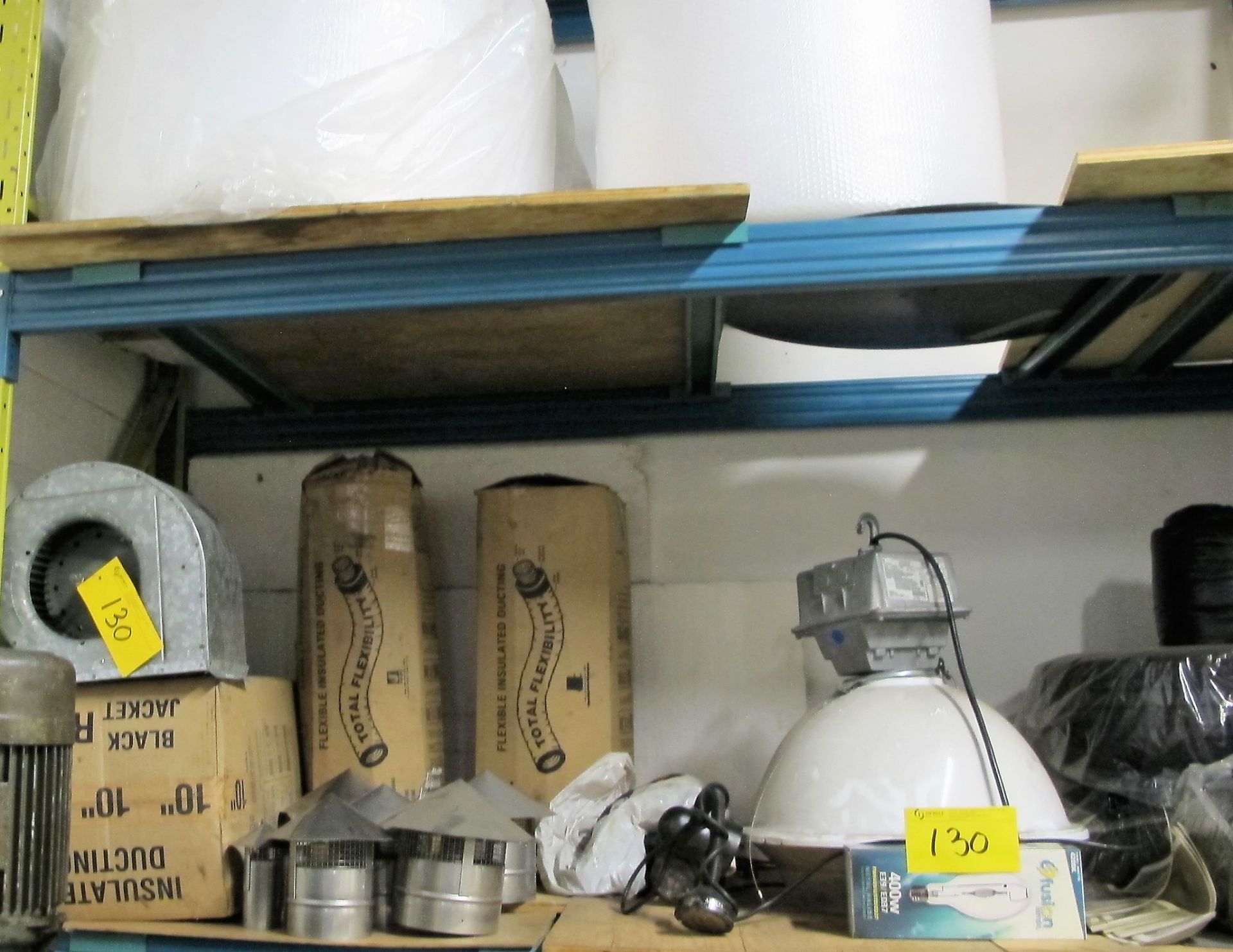 UPPER 2 SHELVES CONTENTS OF LOT 129 (FILTERS, BLOWER, LAMPS, JACKETING) (NO TIRES)