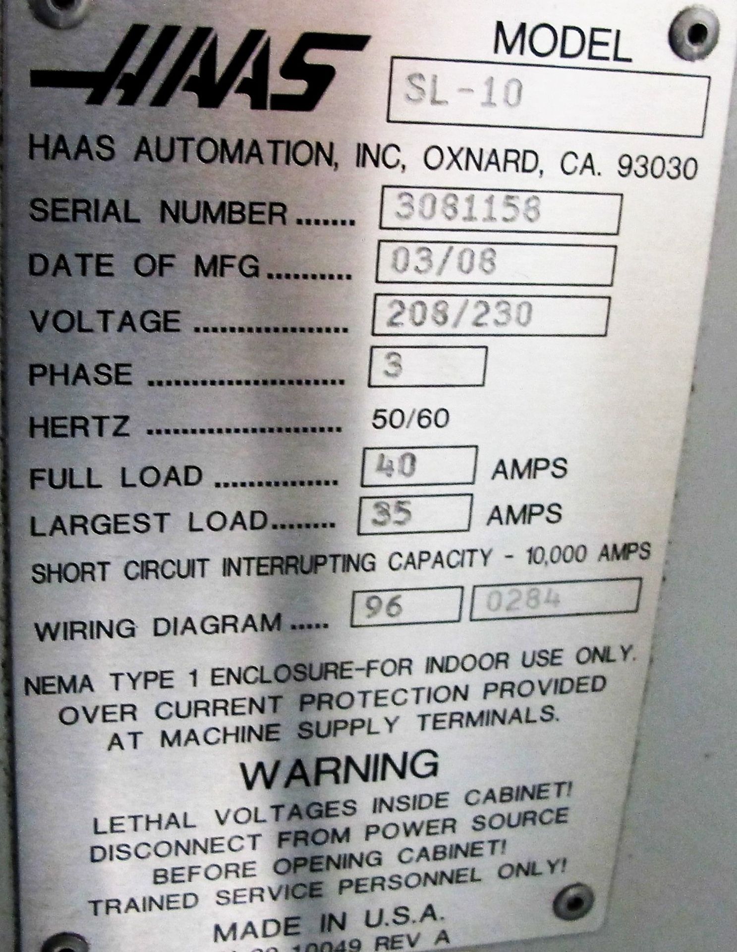 2008 HAAS SL-10 CNC LATHE, HAAS CNC CONTROL, 6.5" 3 JAW CHUCK, PROGRAMMABLE TAILSTOCK, TOOL - Image 3 of 9