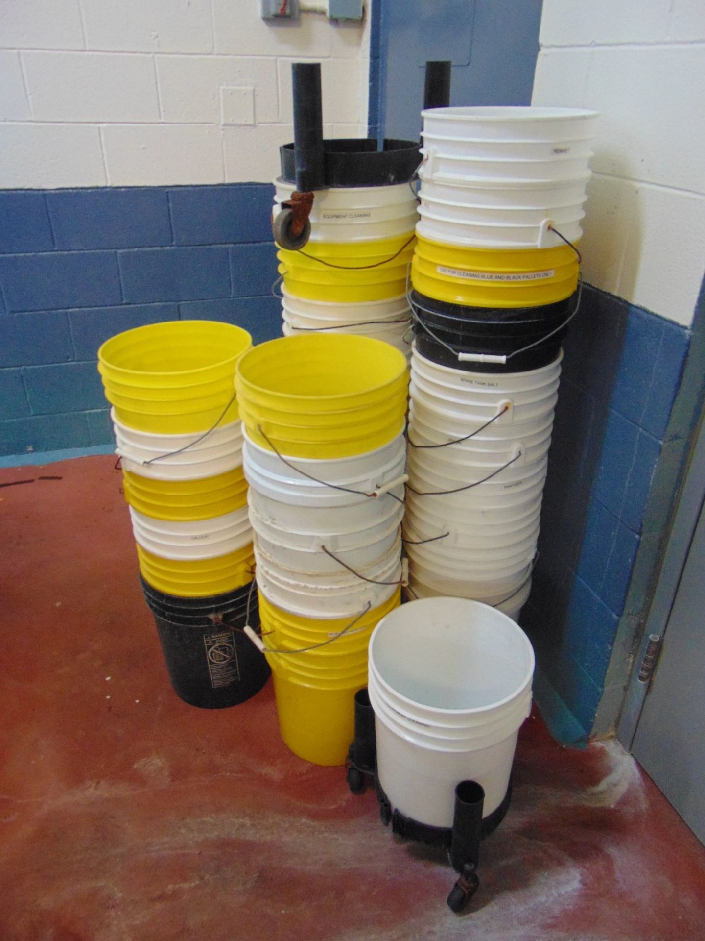 Lot with Approximately (35) 5 Gallon Multi-Colored Used Plastic Pails with 2 Pail Transfer Dollies