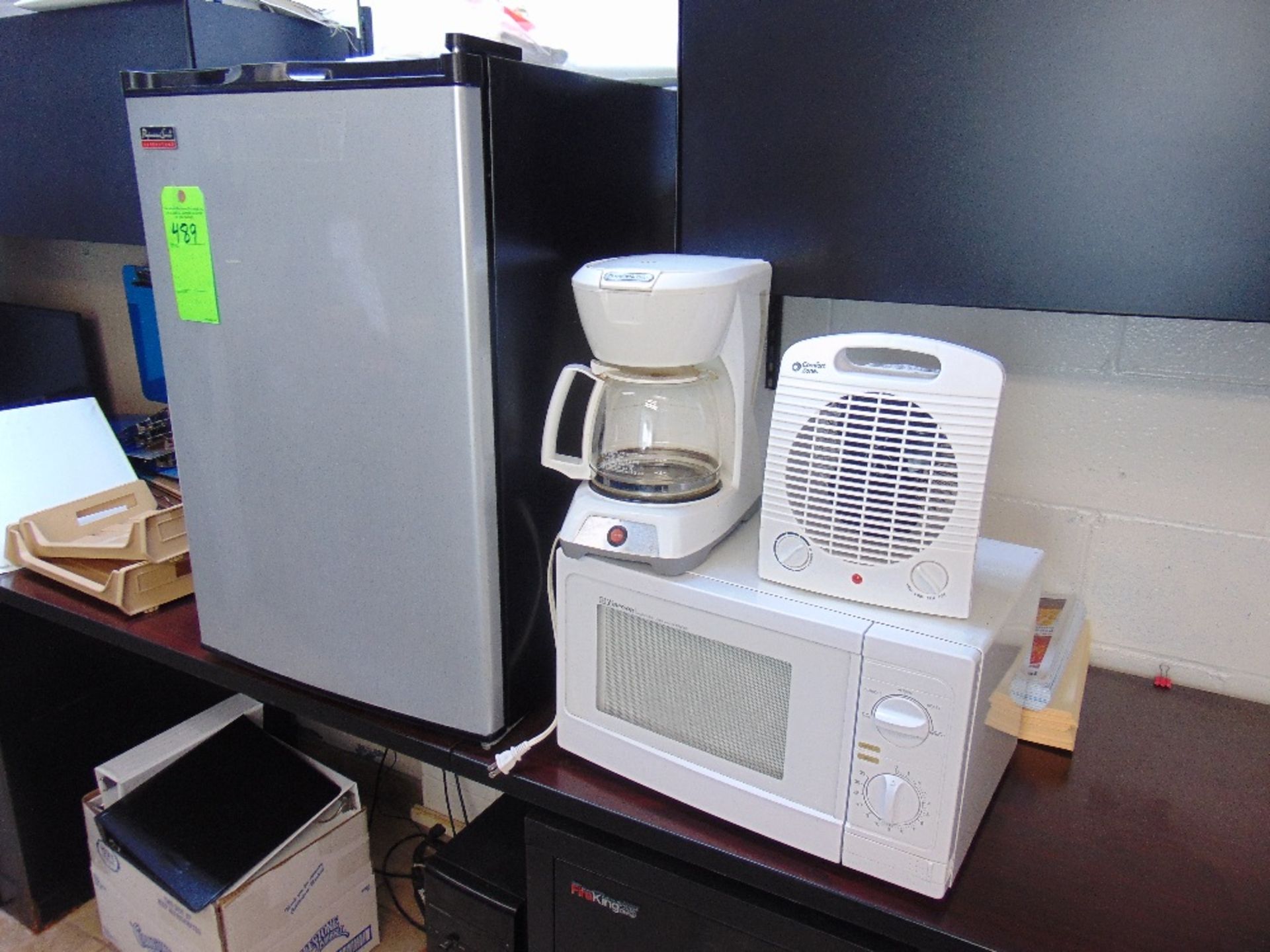 Lot with Criterion Mini Refrigerator with Freezer compartment, Emerson Microwave Oven, Coffee