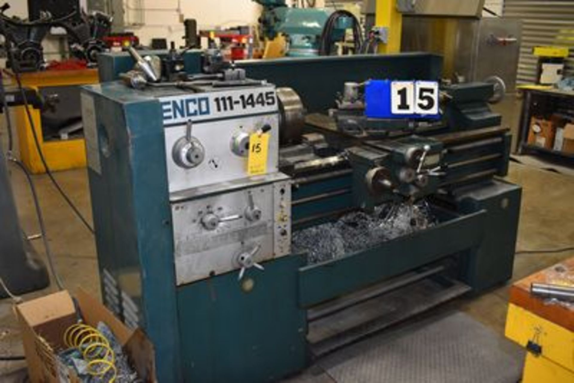 ENCO ENGINE LATHE MDL:111-1445, APPROX 14" SWING X 45 CENTERS, 10" 3 JAW CHUCK, ASSORT TOOLING