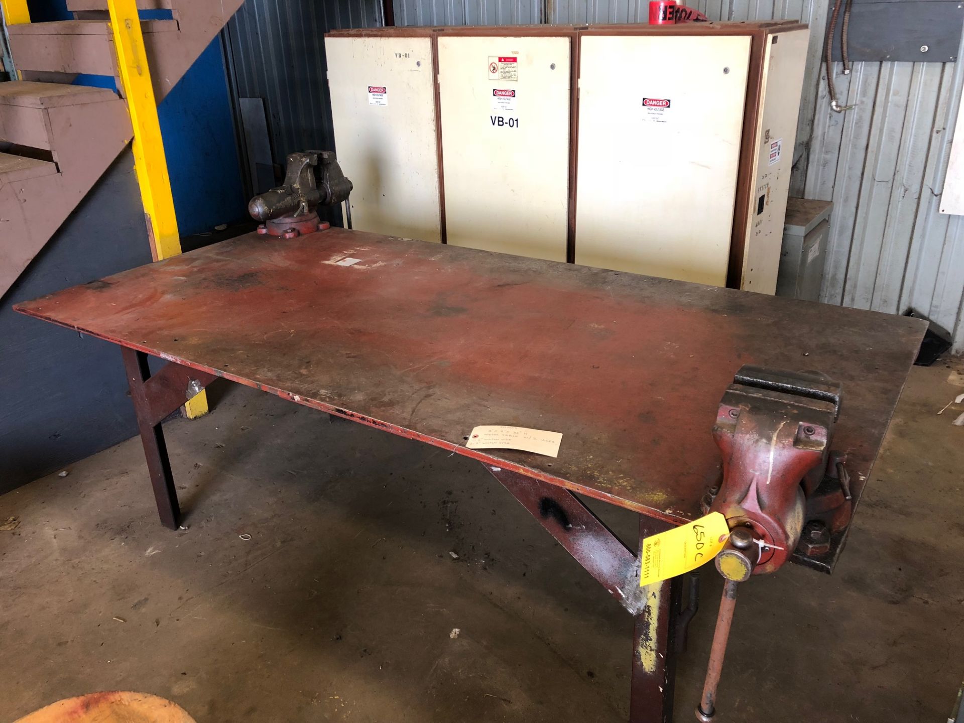 METAL TABLE, 96"L X 48" W X 32"T W/ 5" WILTON VISE & 6" WILTON VISE W/ SWIVEL BASE