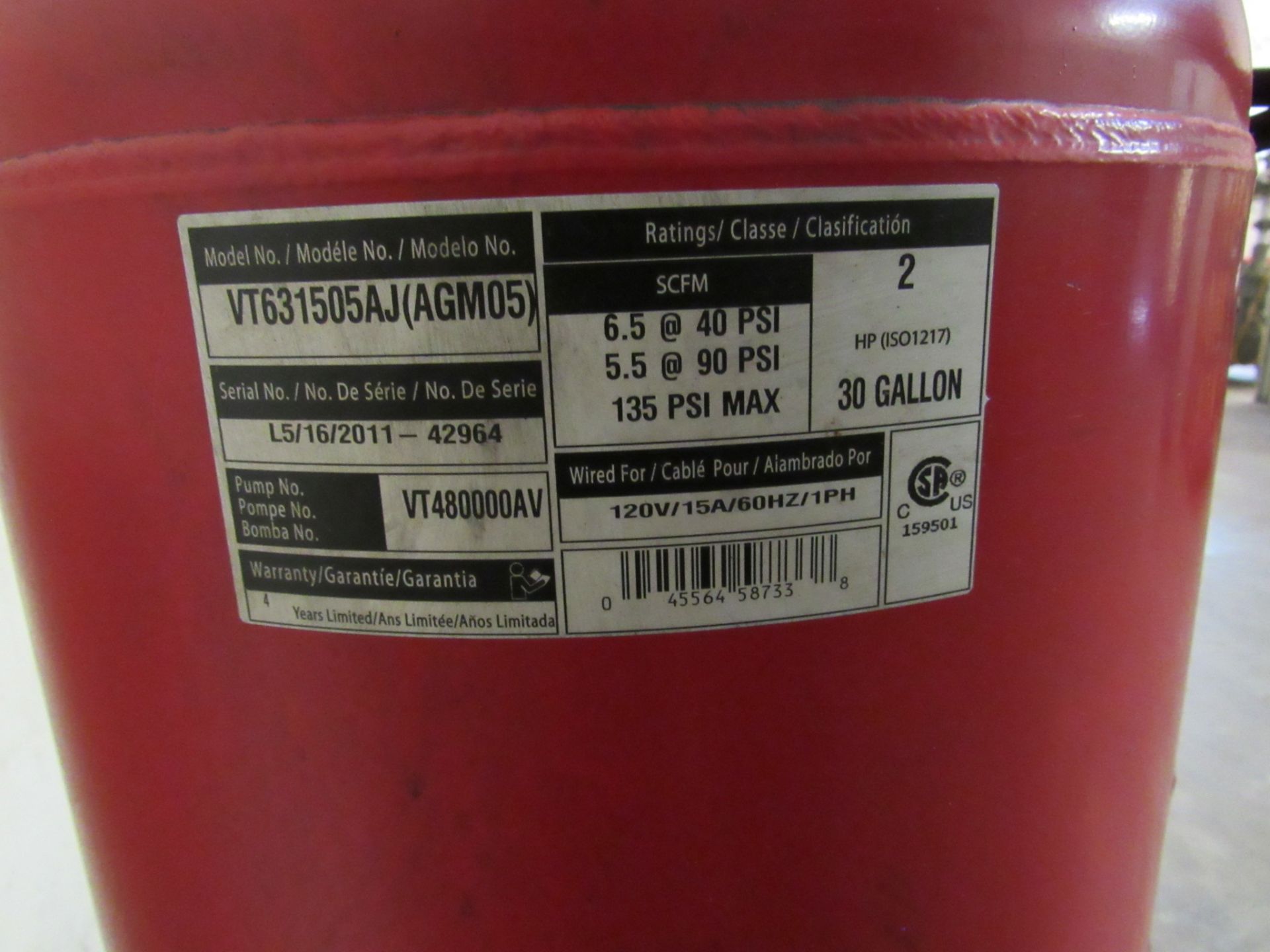 Husky Pro Model VT6315055AJ (AGMO5) Air Compressor, new 2011, 30 gal., 135 psi, 2 hp, S/N L5/16/ - Image 2 of 2