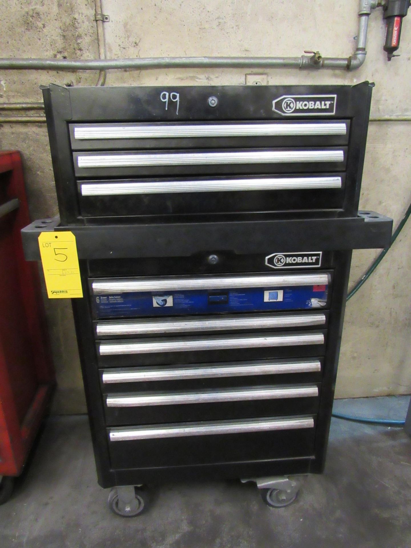 Kobalt 6 drawer tool chest on heavy duty casters with 3 drawer cabinet on top, inc. contents