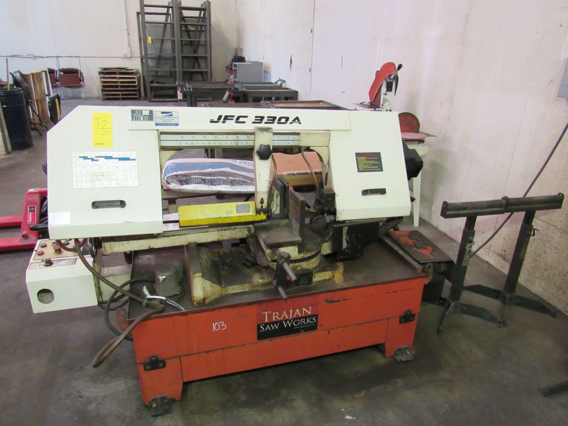 13" Trajan Model JFC-330A Semi-Automatic Mitering Bandsaw, 13" CAP. s/n 691247, with conveyor