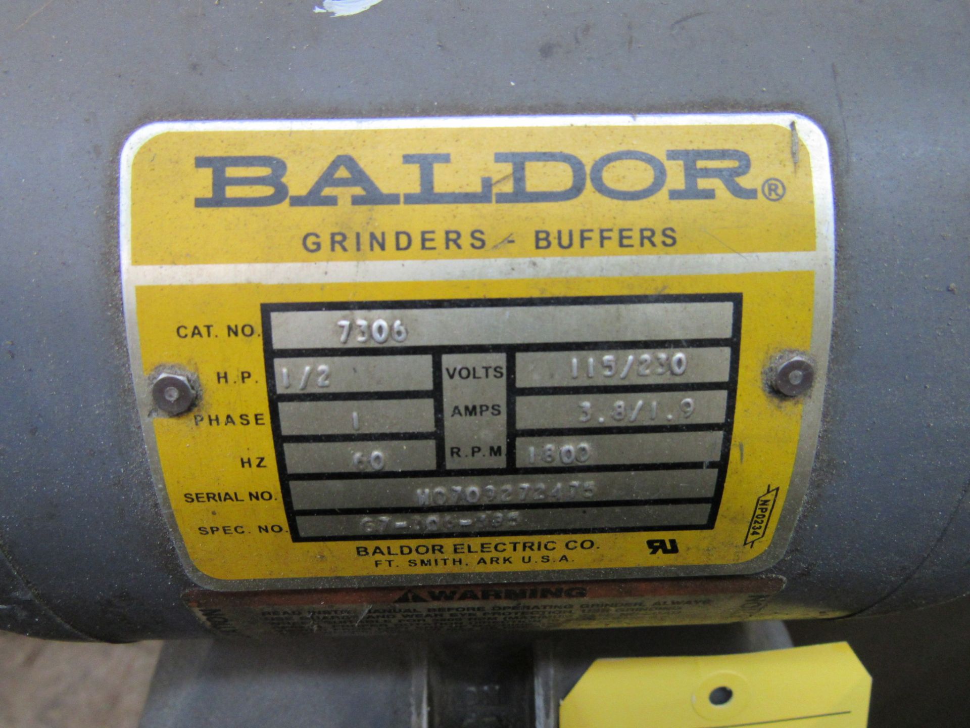 Baldor grinder, catalog #7305, 1/2 hp, 115V/230V, Spec #67-306-385, S/N H0709272475 - Image 2 of 2