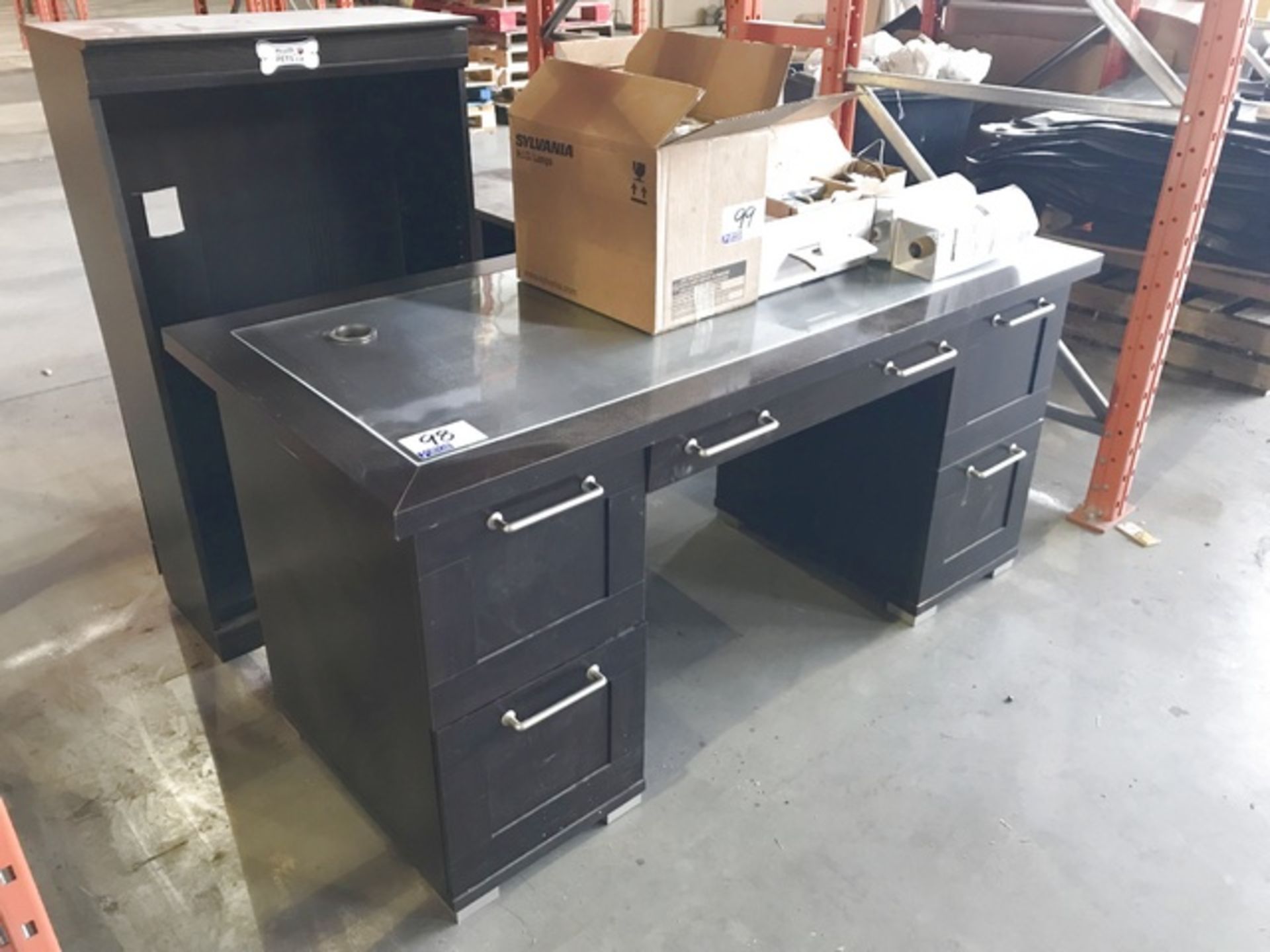 DOUBLE PED DESK, BOOKCASE & CREDENZA