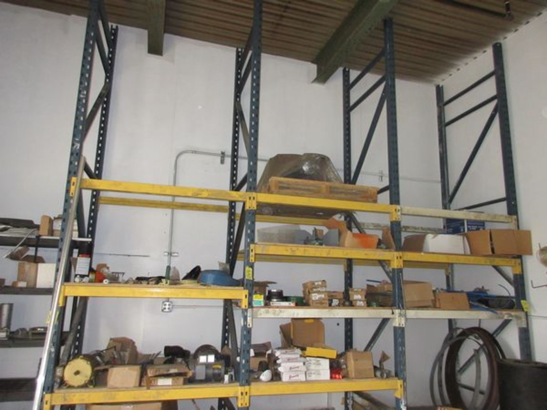 (3) Sections of Blue & Yellow Pallet Shelving, Approx. 15' H, 56" Arms, 45" Cross Beams