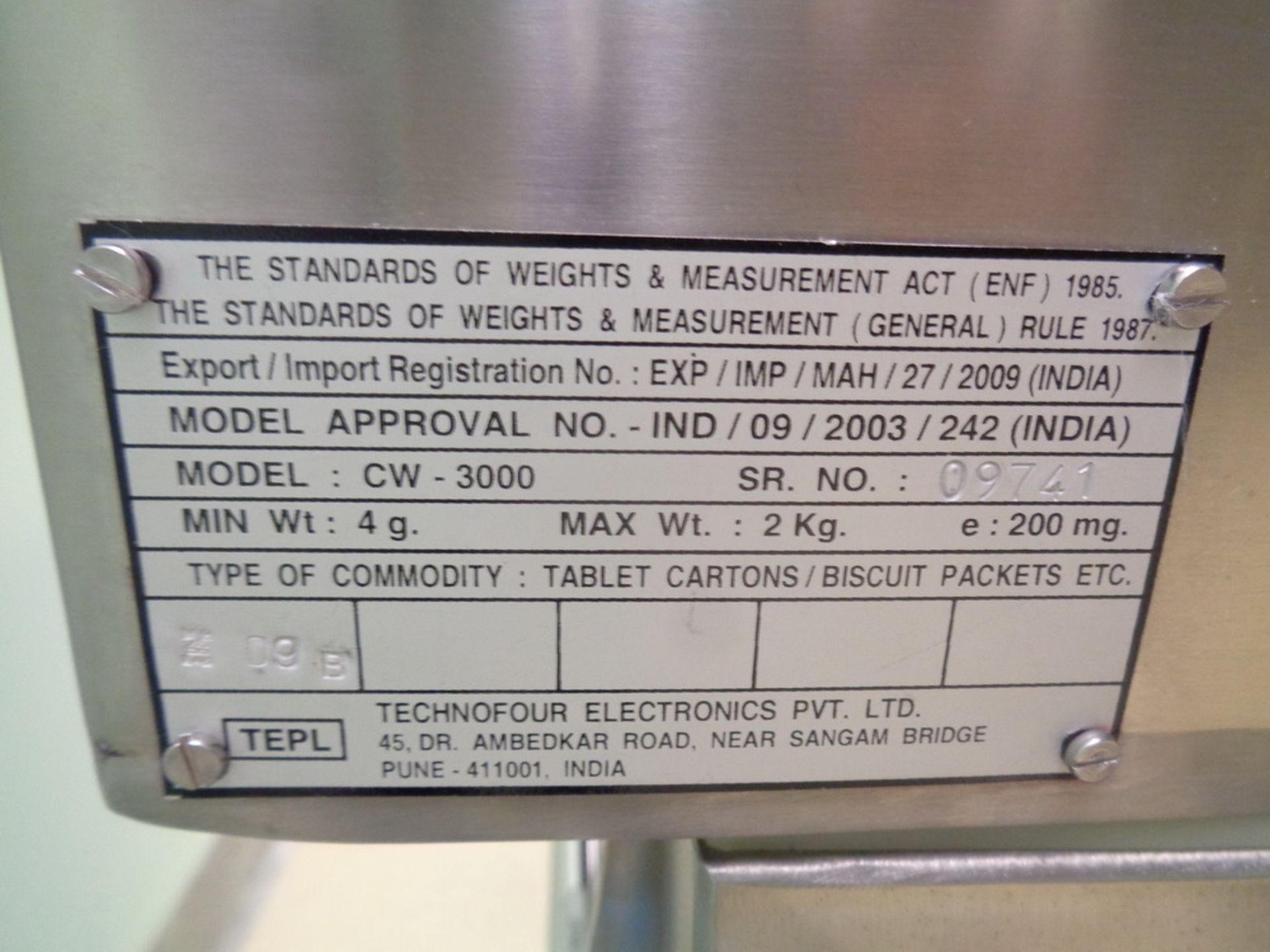 Technofour Electronics PVT.LTD Checkweigher, Model CW-3000, S/N 9741, maximum weight is 2kg - Image 7 of 8