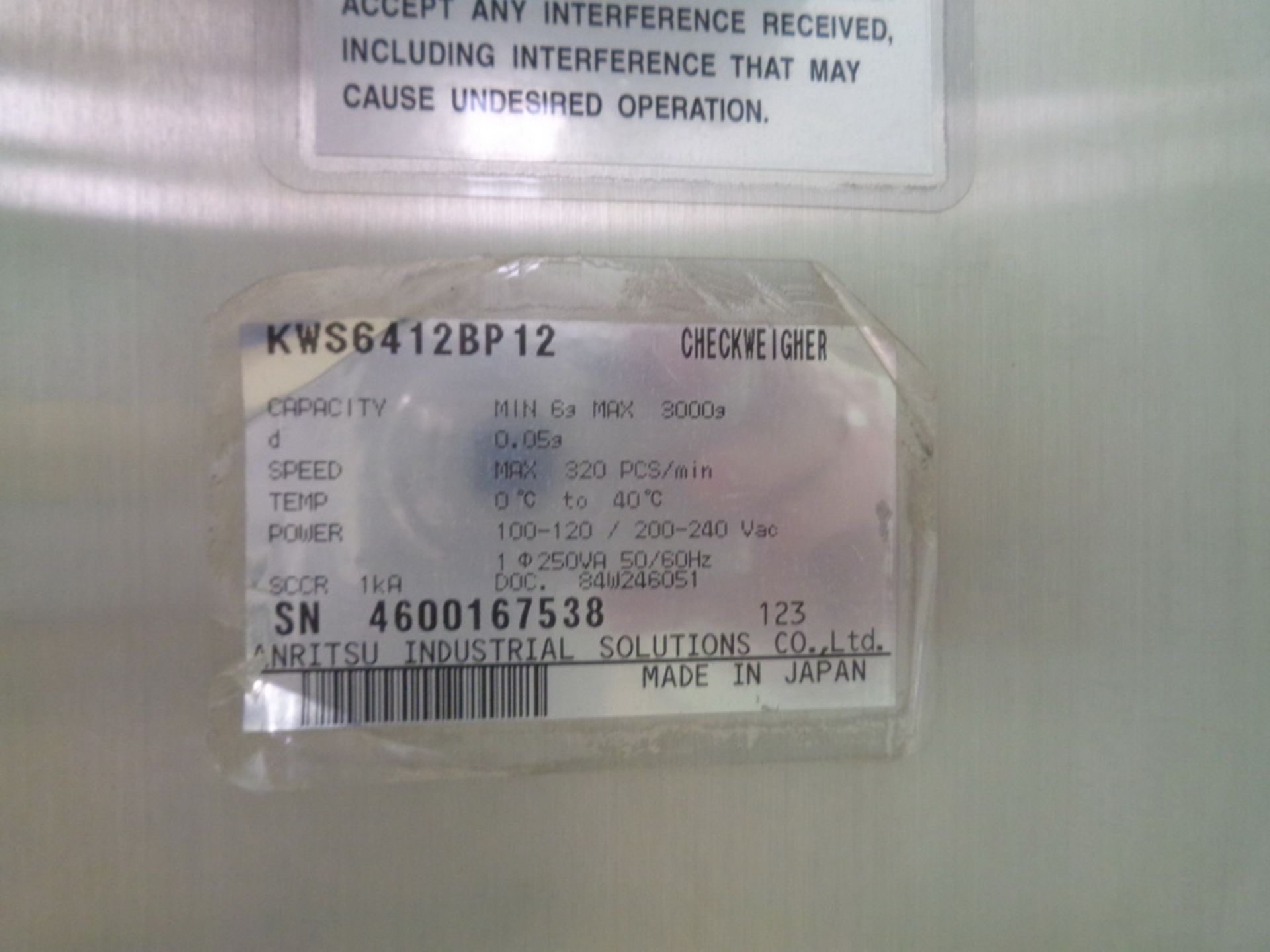 Anritsu Checkweigher, Model SSV, S/N 4600167538, new 2012, max 3000 g, min 6 g, d=0.05 - Image 6 of 6