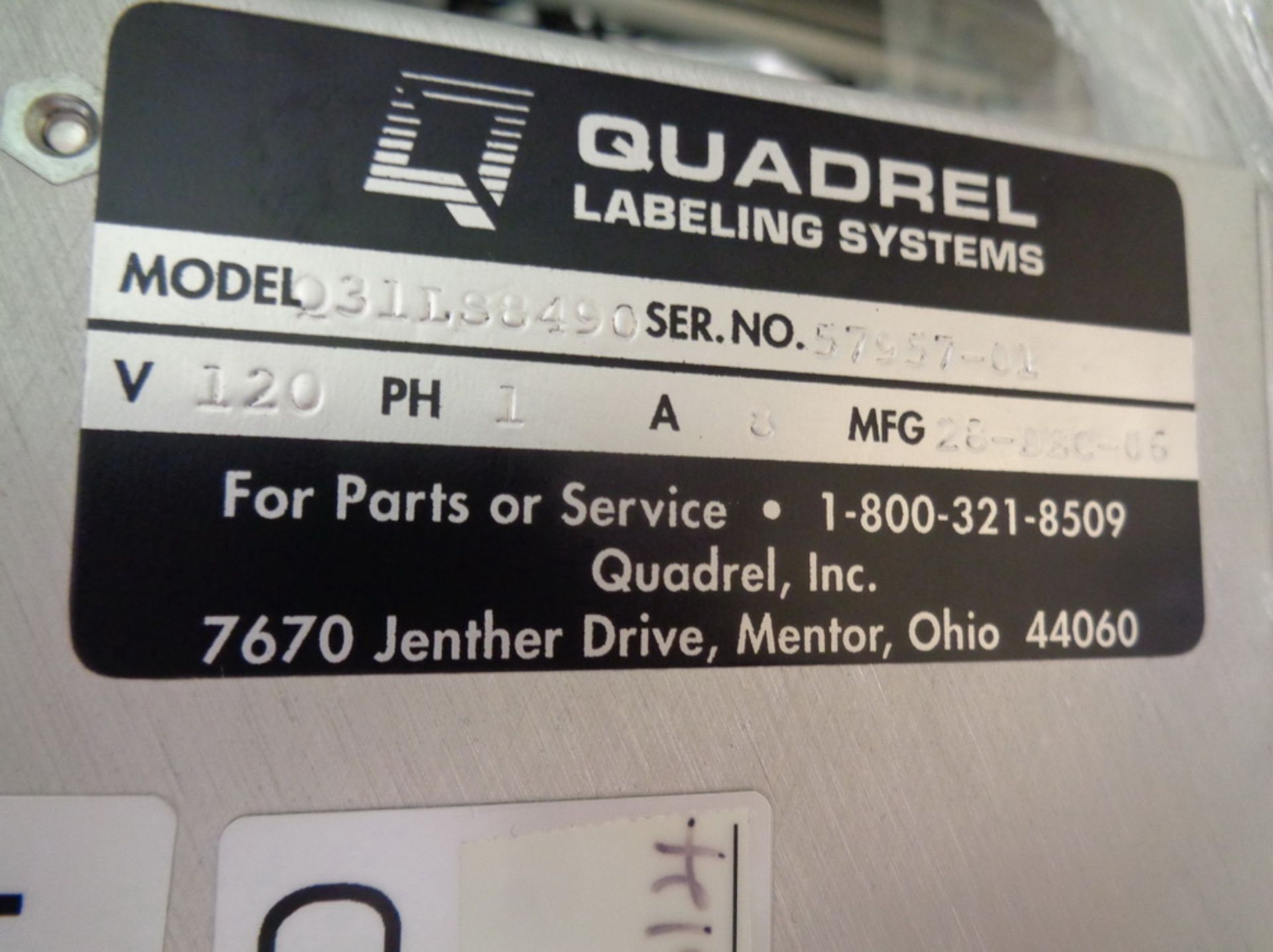 Quadrel Print and Apply Pressure Sensitive Carton Labeler, Model Q31-LS8490, S/N 57957-01 - Image 11 of 13