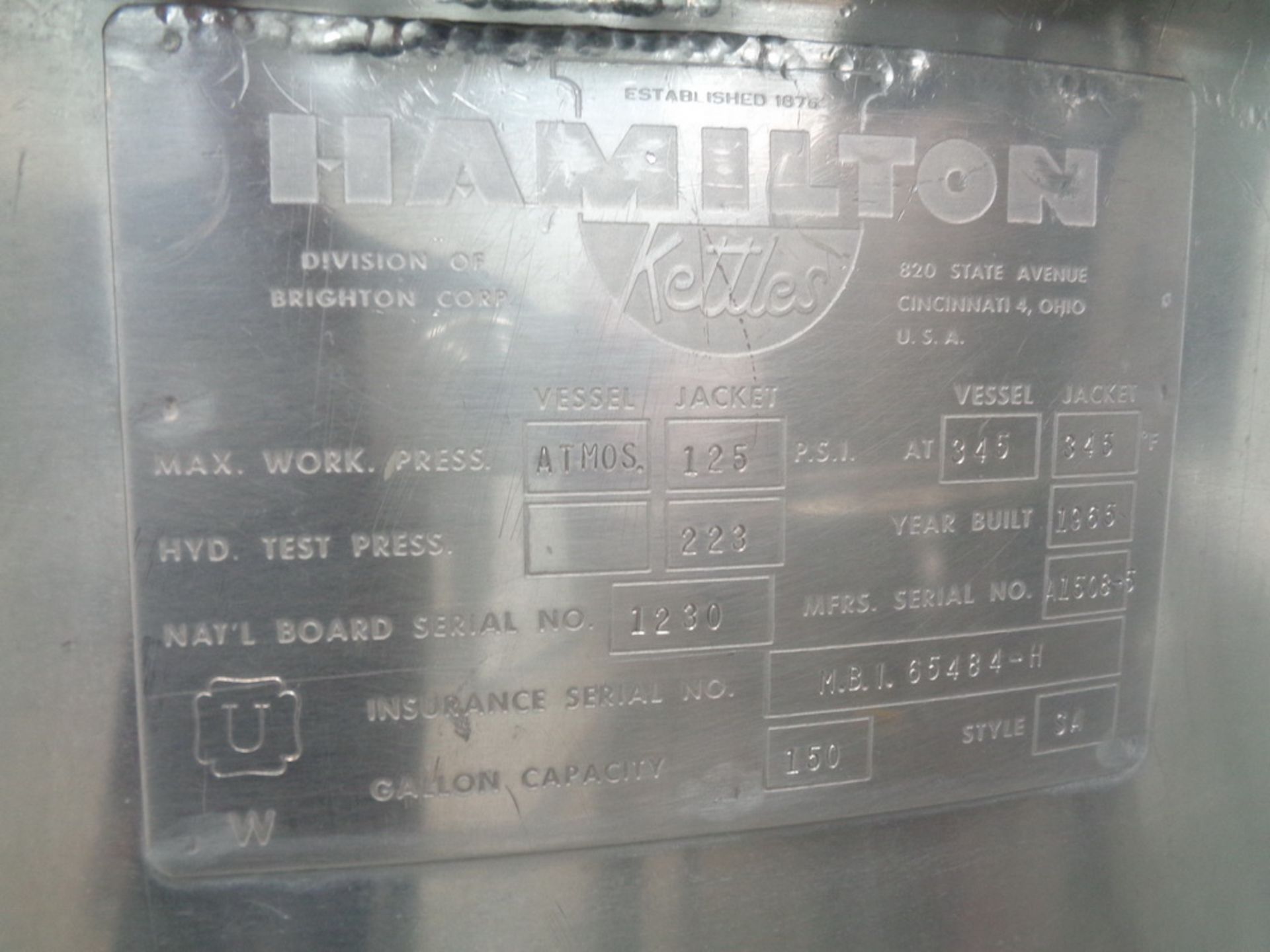 HAMILTON 150 GAL TRIPLE MOTION SS HEMISPHERICAL KETTLE (MIK-24) - Image 2 of 7