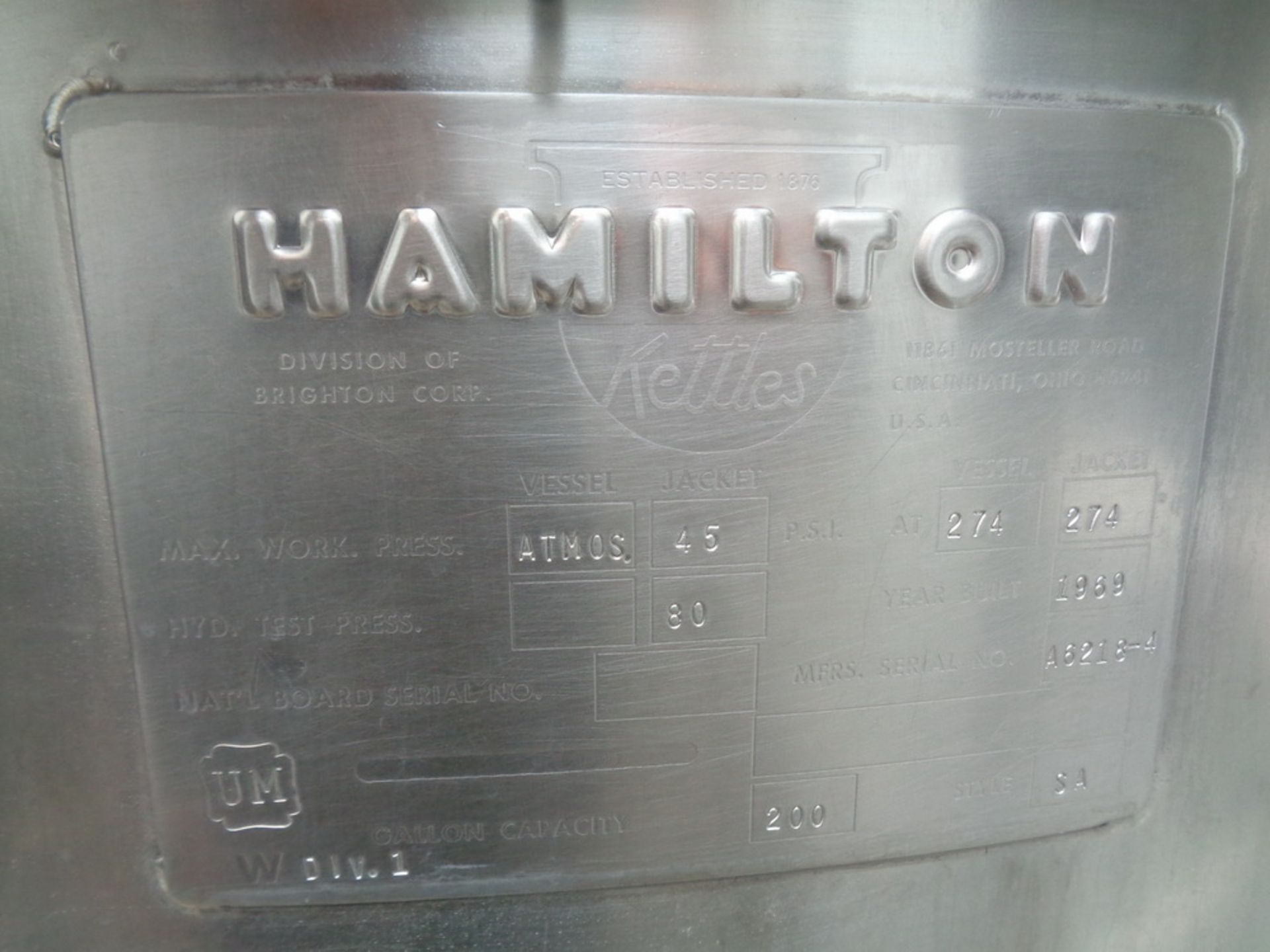 HAMILTON 200 GAL SS HEMISPHERICAL KETTLE (MIK-17), MODEL SA - Image 3 of 7