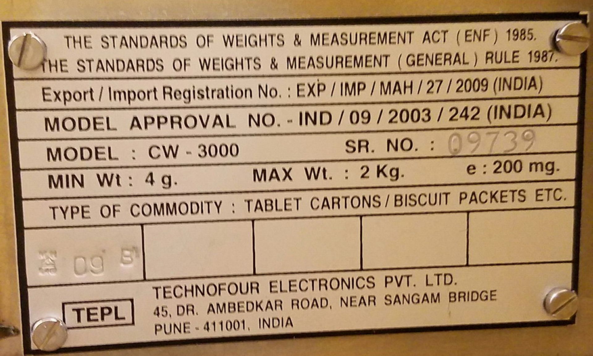 Technofour Checkweigher, Model CW-3000, S/N 09739 - Image 2 of 2