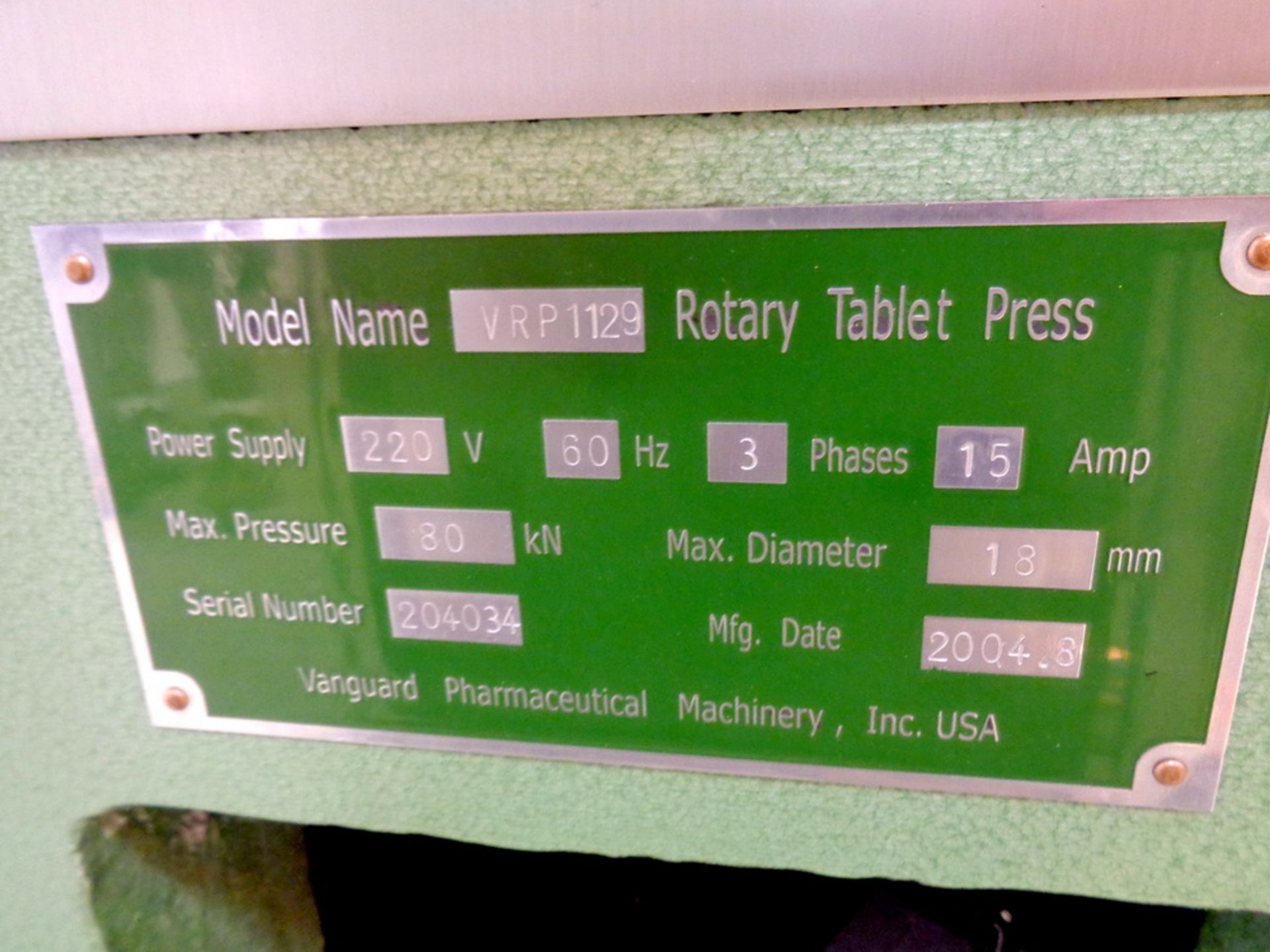 Vanguard 29 Station Rotary Tablet Press, Series VRP1100, Model VRP1129, S/N 20403 - Image 12 of 12