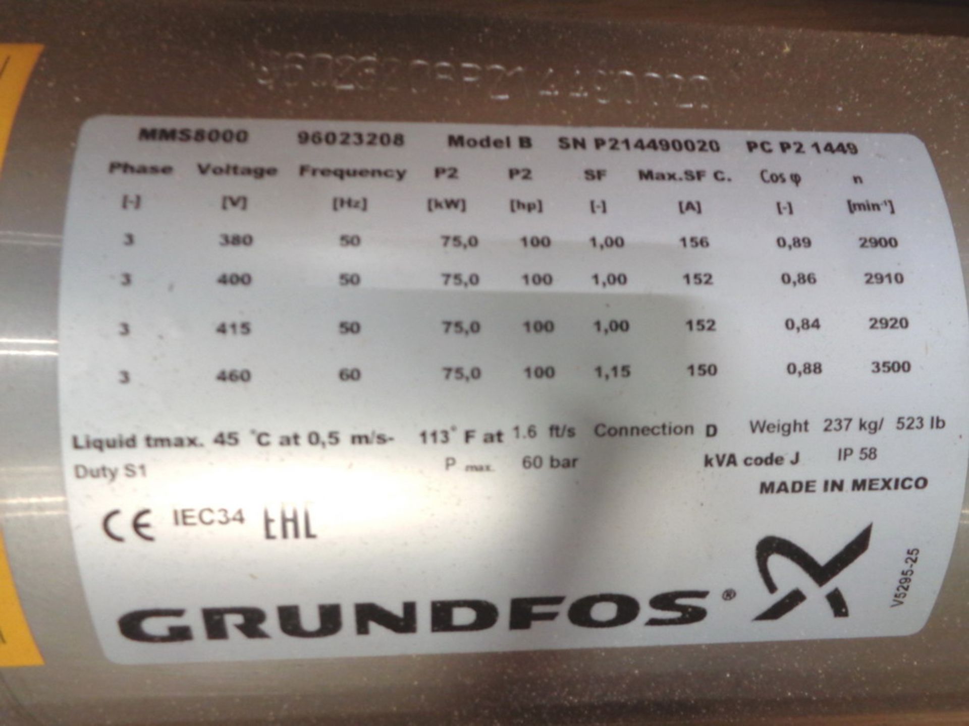 UNUSED Grundfos Stainless Steel Submersible 100 HP Motor, Model MMS 8000, Model B, S/N 96023208 - Image 3 of 5
