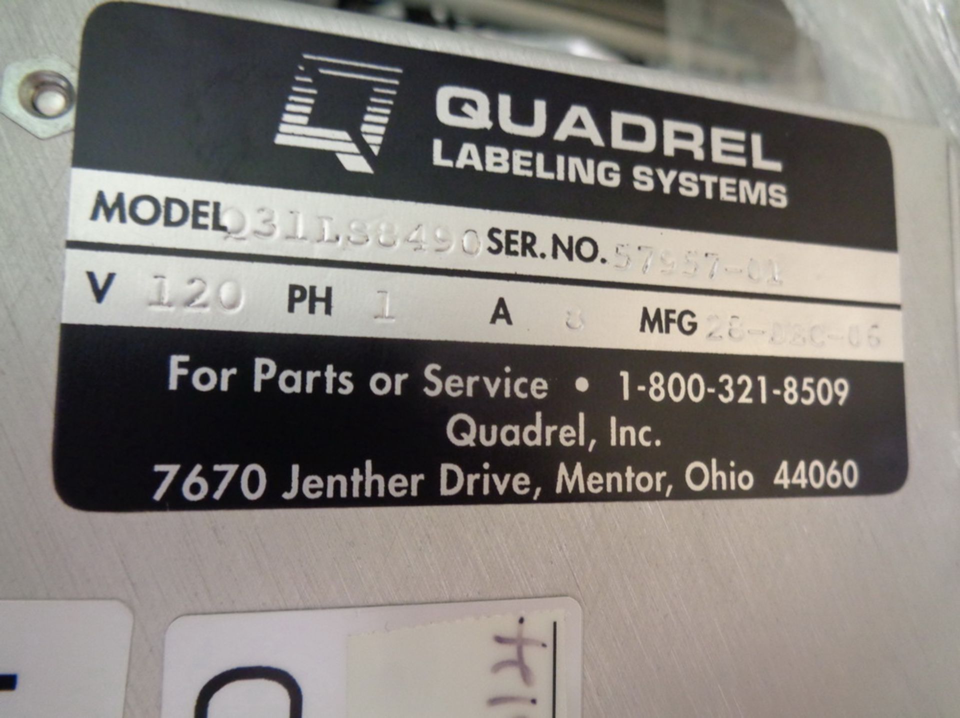 Quadrel Print and Apply Pressure Sensitive Carton Labeler, Model Q31-LS8490, S/N 57957-01 - Image 10 of 10