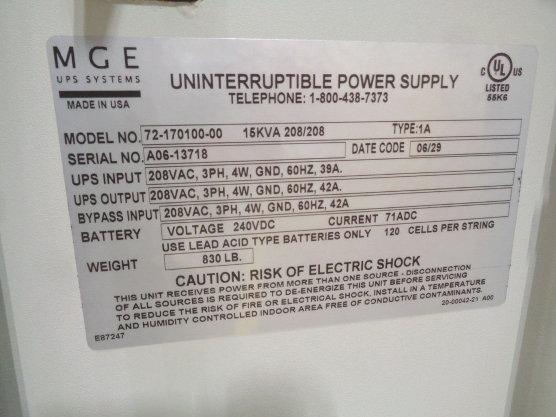 MGE UPS System, Model 72-170100-00. 15 KVA - Image 3 of 3