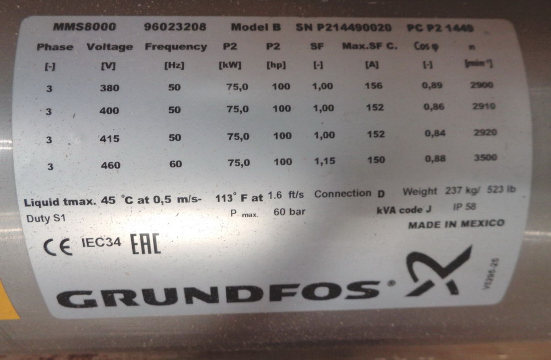 UNUSED Grundfos Stainless Steel Submersible 1100 GPM Pump w/ SS Submersible 100 HP Motor - Image 3 of 6