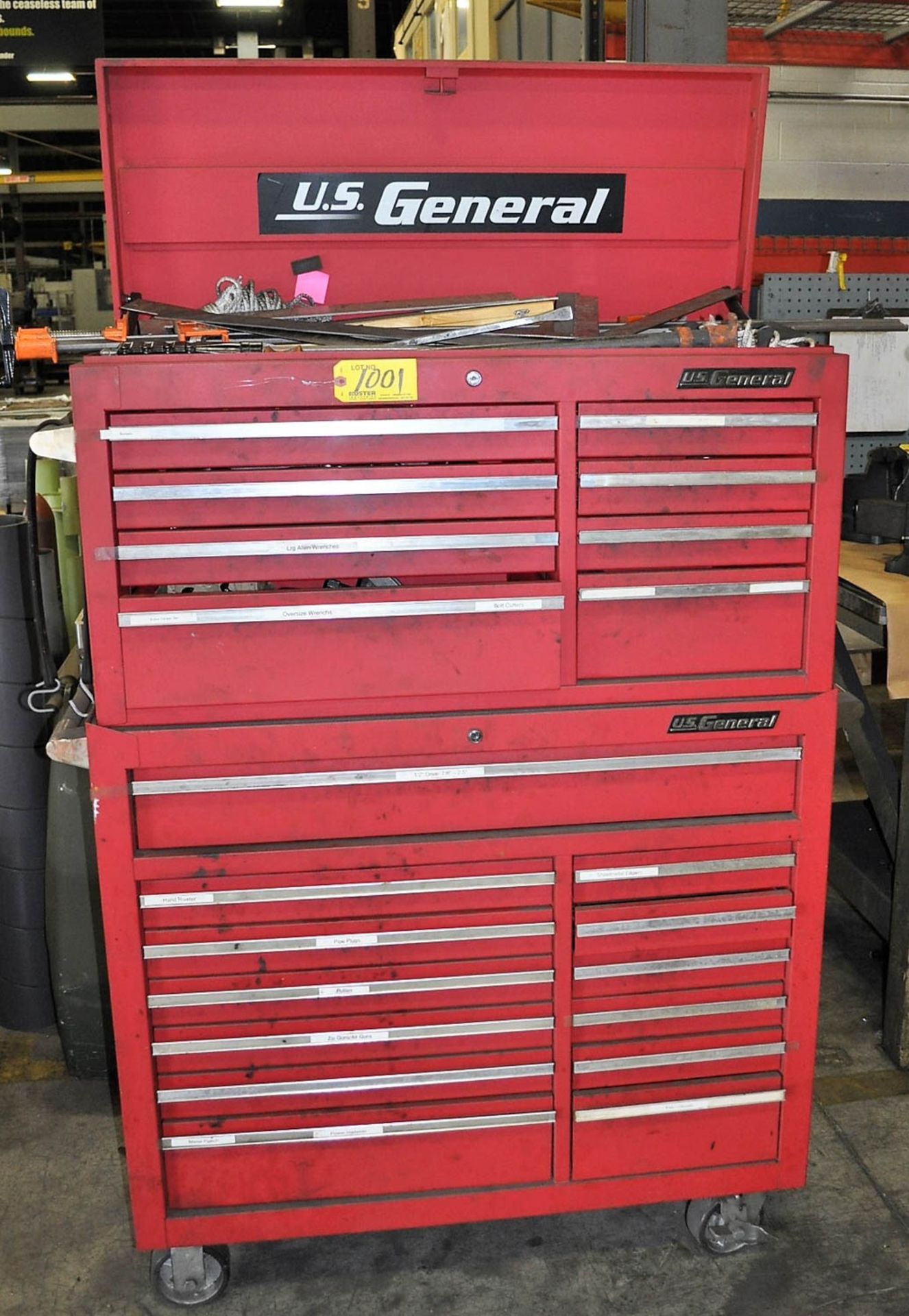 US GENERAL TOOL CHEST & TOOL BOX, WITH TOOLING SOCKETS, WHEEL PULLEYS, METERS, WRENCHES, HAND TOOLS,