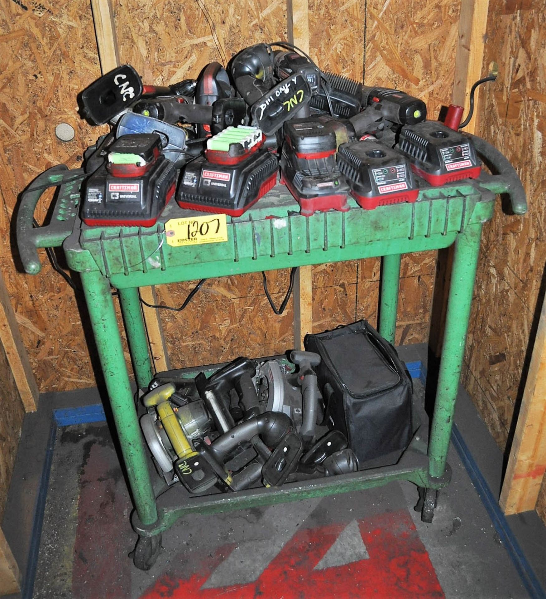 CART WITH BATTERY CHARGERS FOR CORDLESS DRILL, ETC.