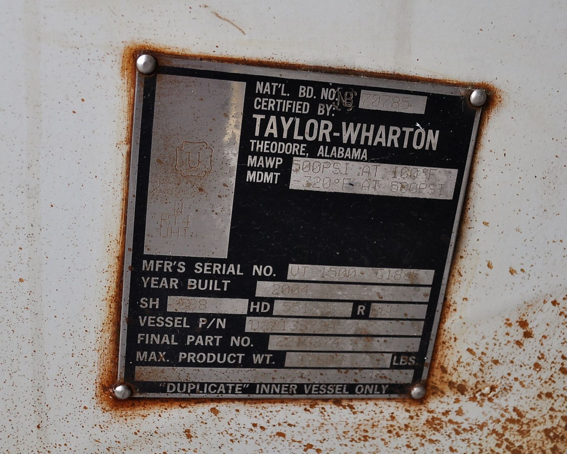 TAYLOR WHARTON LIQUID NITROGEN TANK, 500-PSI @ 100˚F M.A.W.P., -320˚F @ 500-PSI M.D.M.T., 588 SH, - Image 3 of 4