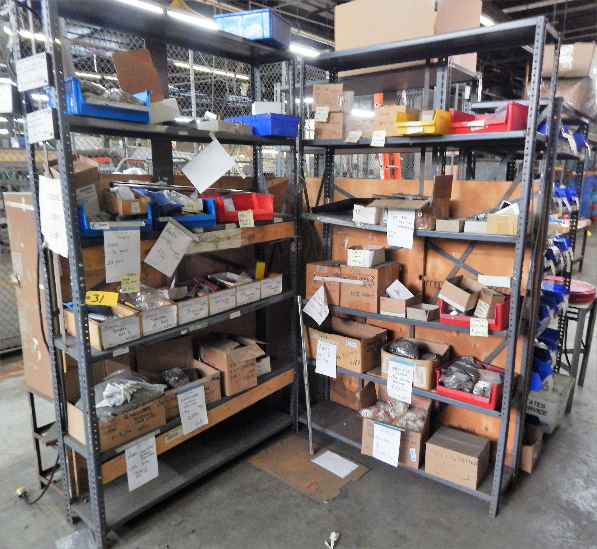 (4) SECTIONS OF SHELVES WITH ASSORTED HARDWARE