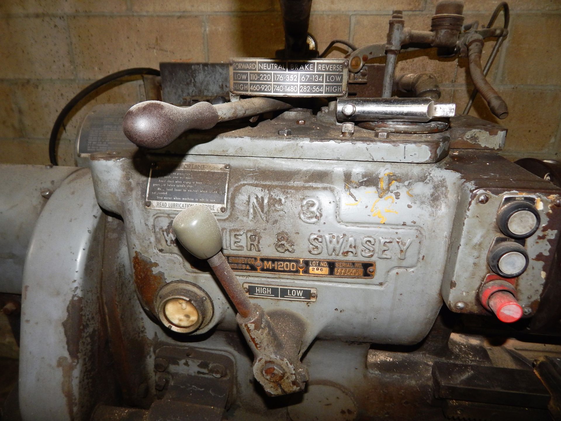 WARNER & SWASEY MDL. M-1200 NO. 3 6-POSITION TURREY LATHE WITH 10" 3-JAW CHUCK, LOT NO. 296, 67-1480 - Image 3 of 3