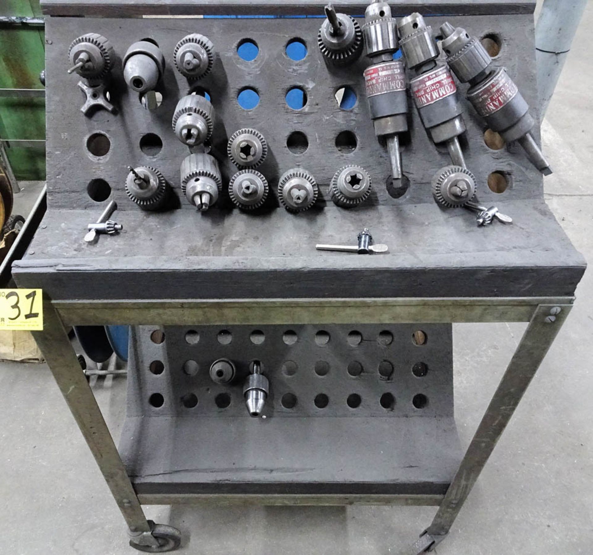 CUSTOM RACK WITH (10) SPEED CHUCKS, (3) COMMANDER DRILL CHIP BREAKERS, AND RACK