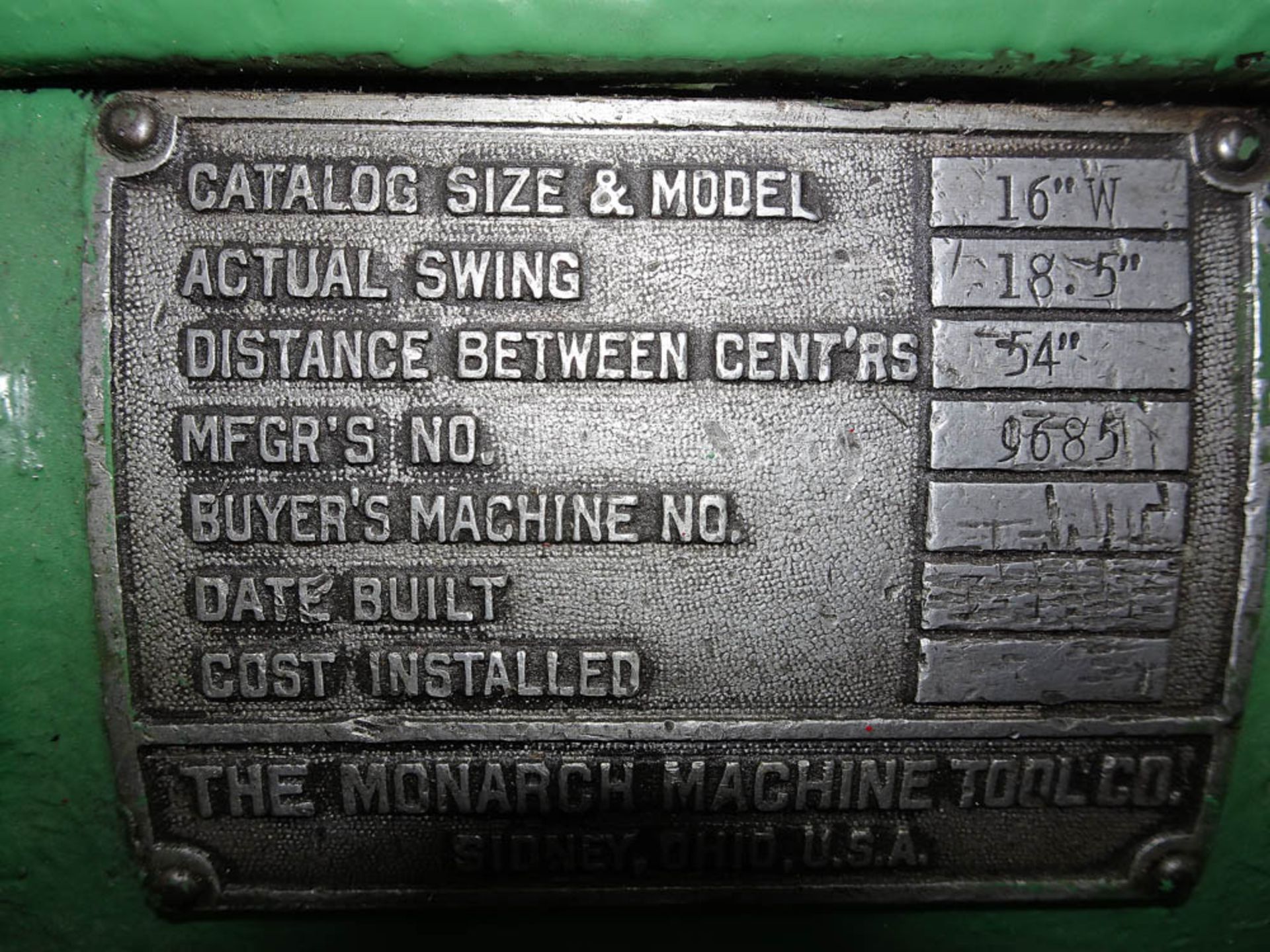 MONARCH MDL. 16" W GEAR HEAD ENGINE LATHE, WITH 18.5" SWING, 54" CENTER, 18" 4-JAW CHUCK, S/N: 9685 - Image 4 of 4