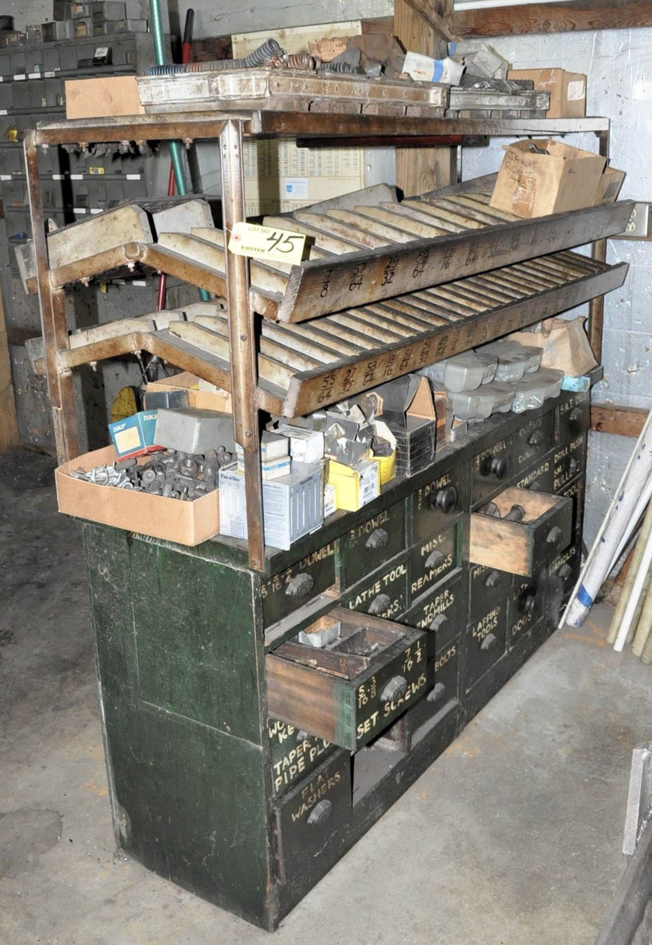 WOOD DRAWER CABINET & ORGANIZER RACK WITH HARDWARE & CONTENTS