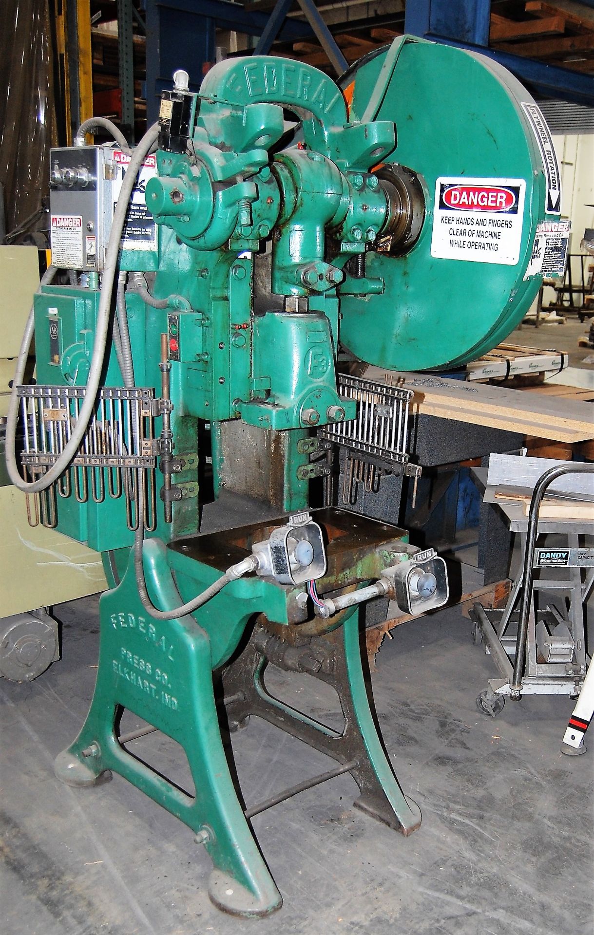 32 TON FEDERAL #3 OBI FLYWHEEL TYPE MECHANICAL PRESS, WITH 2.5" STROKE, 8.75" SHUT HEIGHT, 12.75"