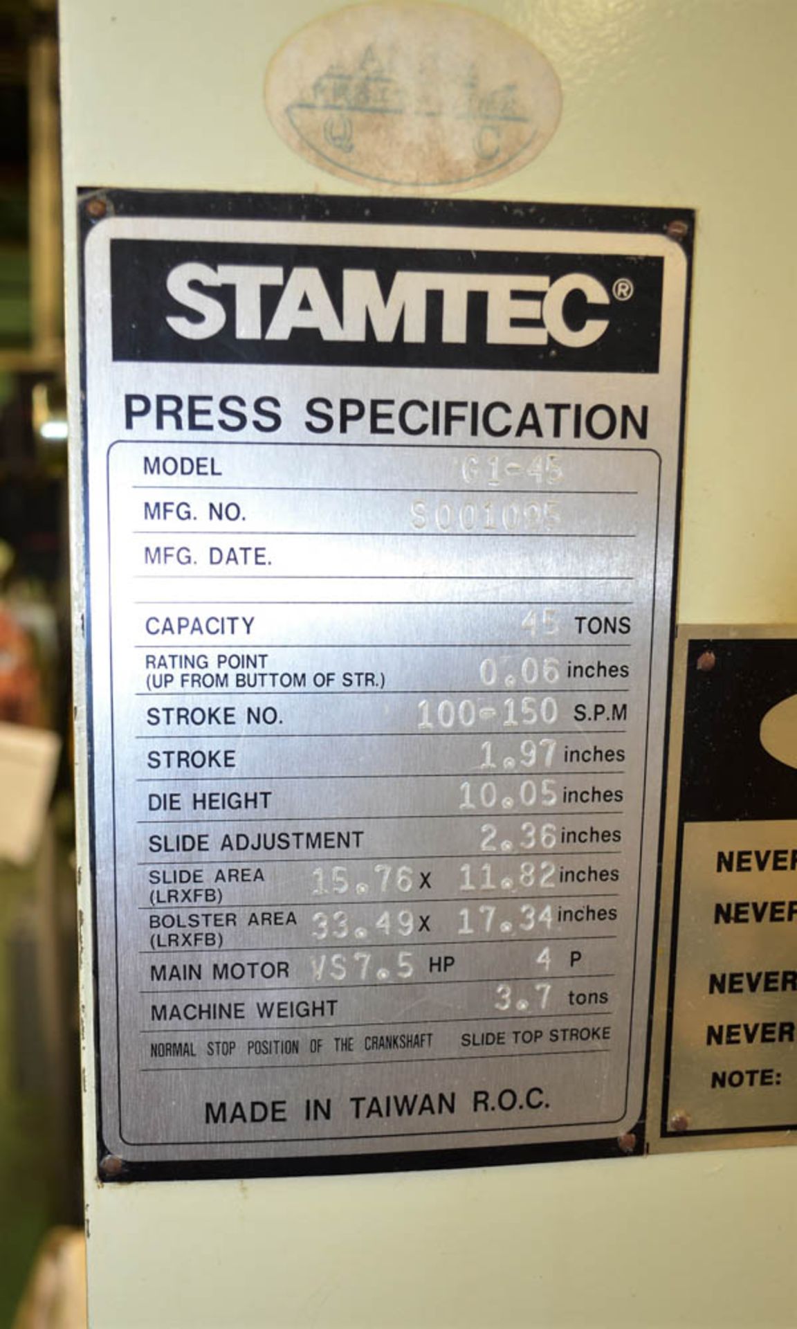 STAMTEC MDL. G1-45 45 TON CAPACITY AIR CLUTCH PUNCH PRESS, 100-150 SPM, 1.97" STROKES - Image 5 of 5
