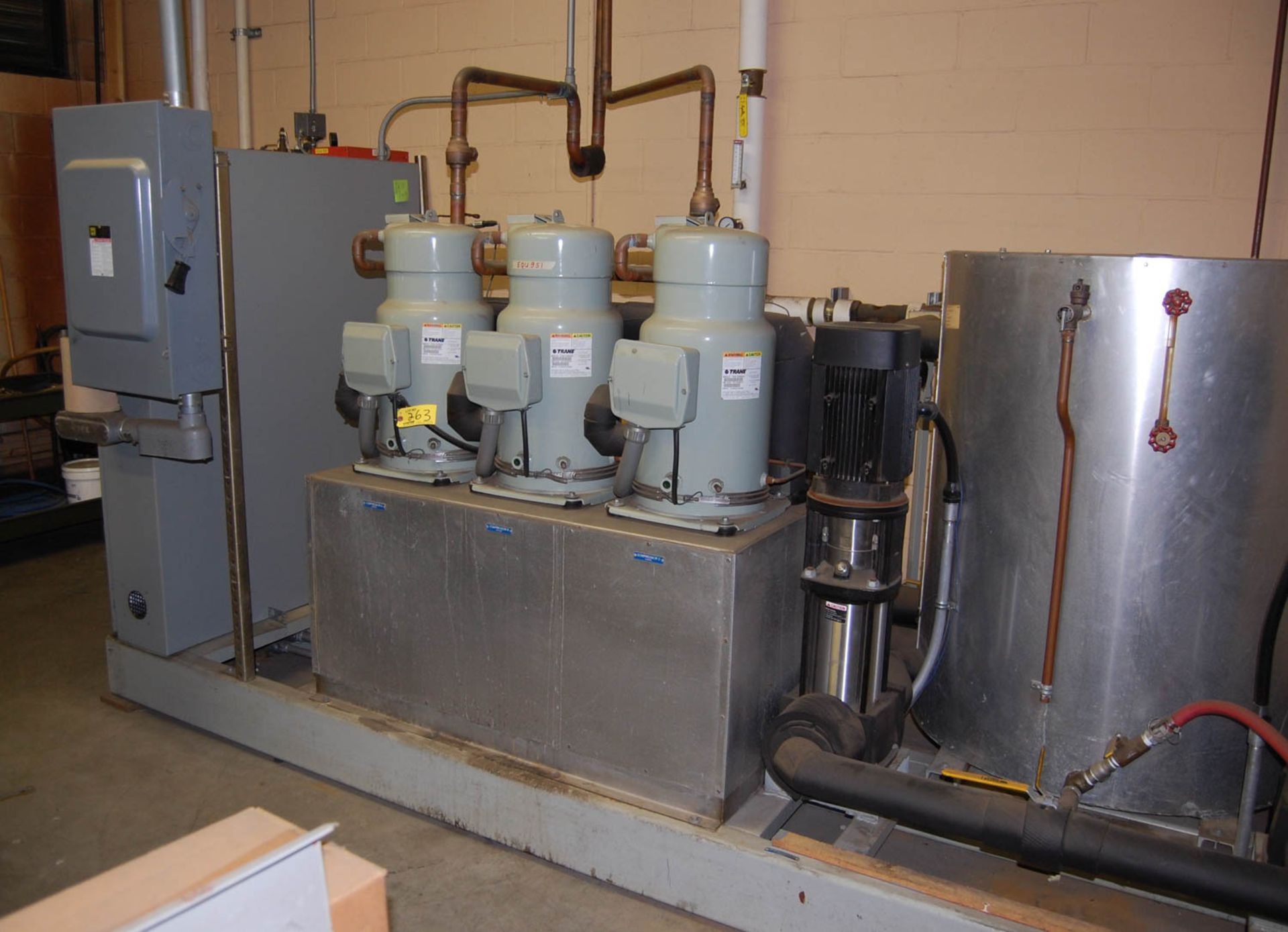CHILLER SOLUTIONS 45 TON SKID TYPE CHILLER, WITH [3] 15 TON COMPRESSORS, APPROXIMATELY 100-GAL.